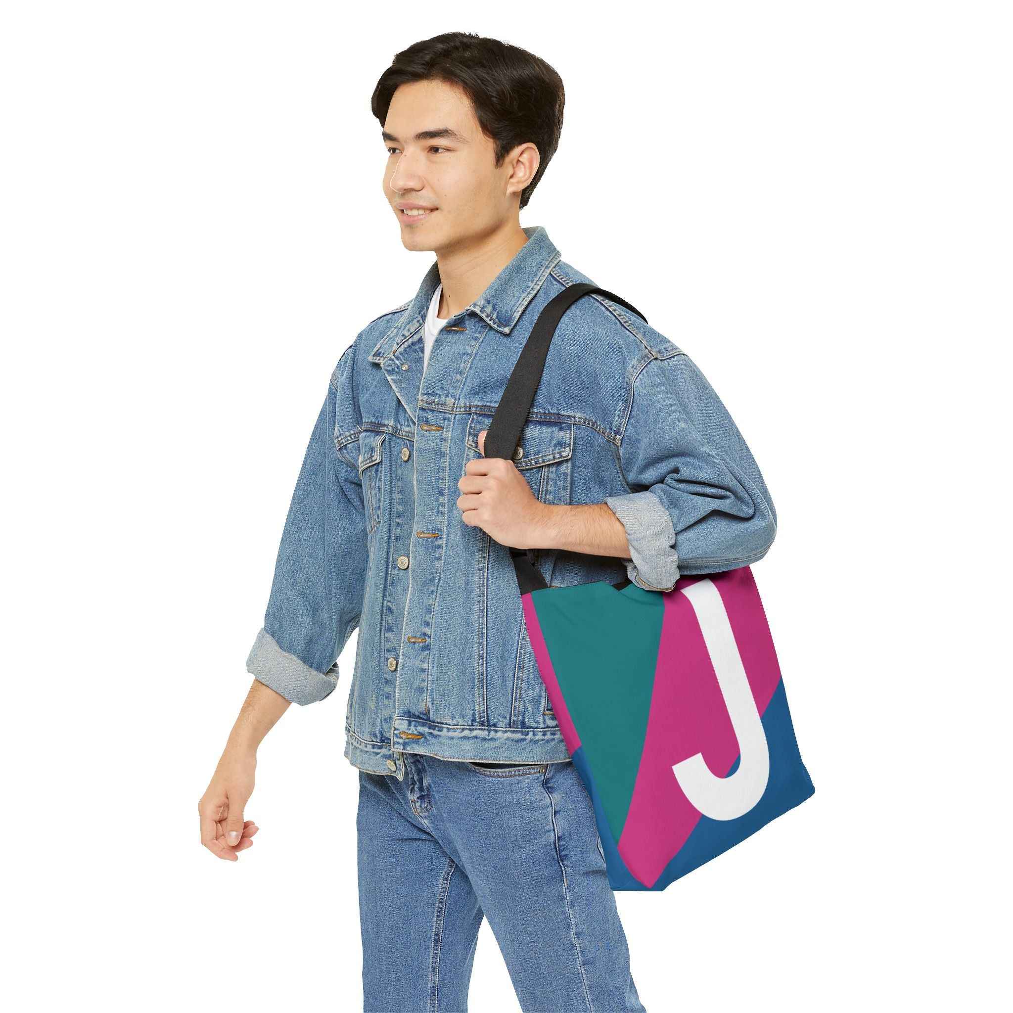 Initial Letter 'J' Colorblock Adjustable Tote Bag — Monogram Alphabet Shoulder Bag