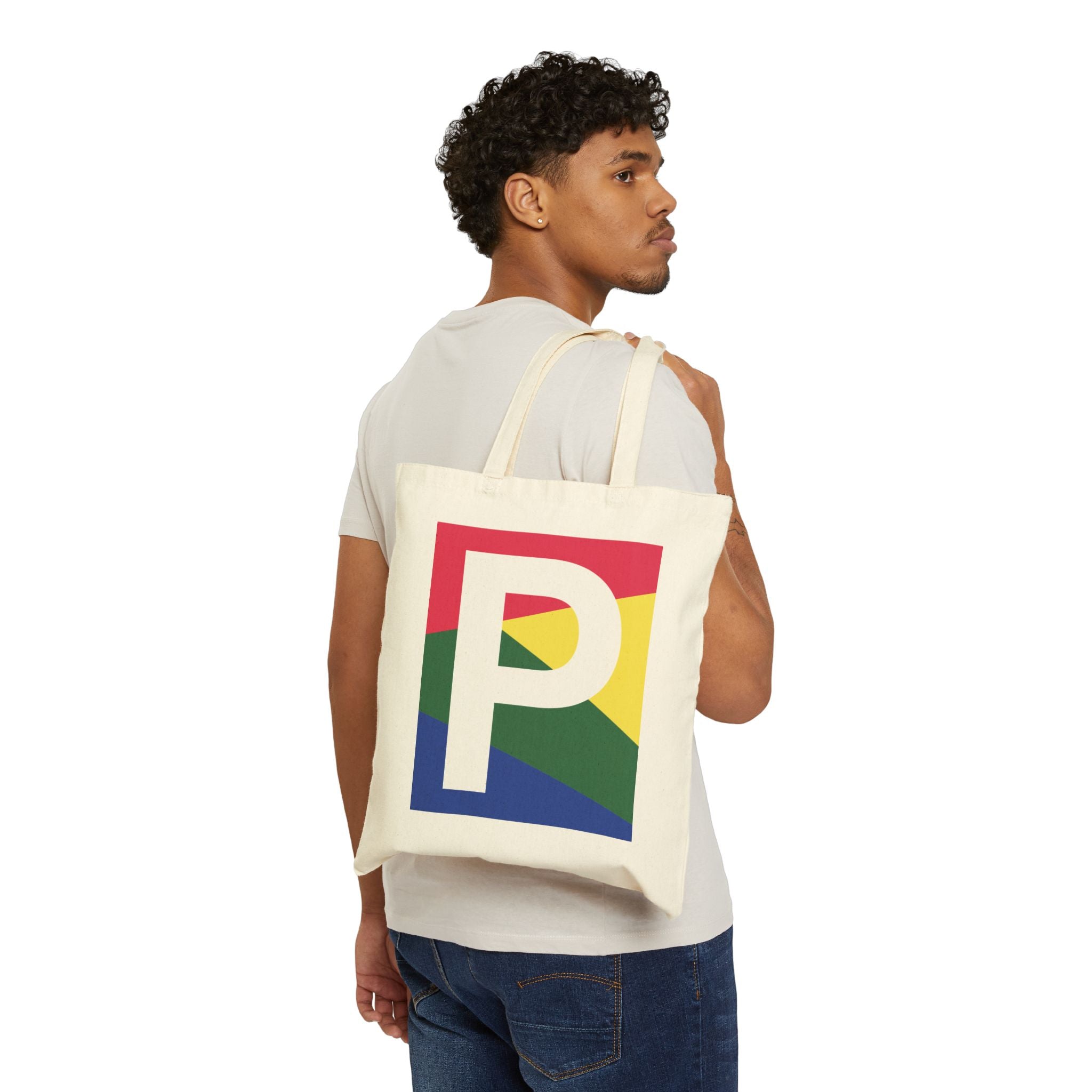 Initial P Colorblock Canvas Tote Bag — Monogram Letter P Reusable Grocery Tote
