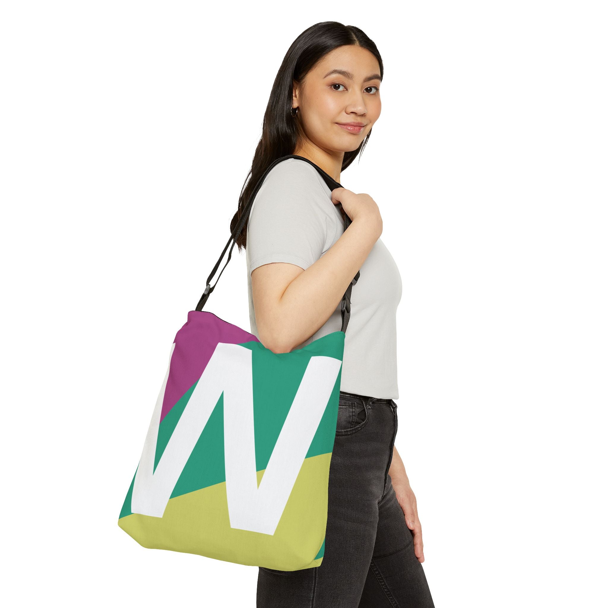 Initial Letter 'W' Colorblock Adjustable Tote Bag — Monogram Alphabet Shoulder Bag