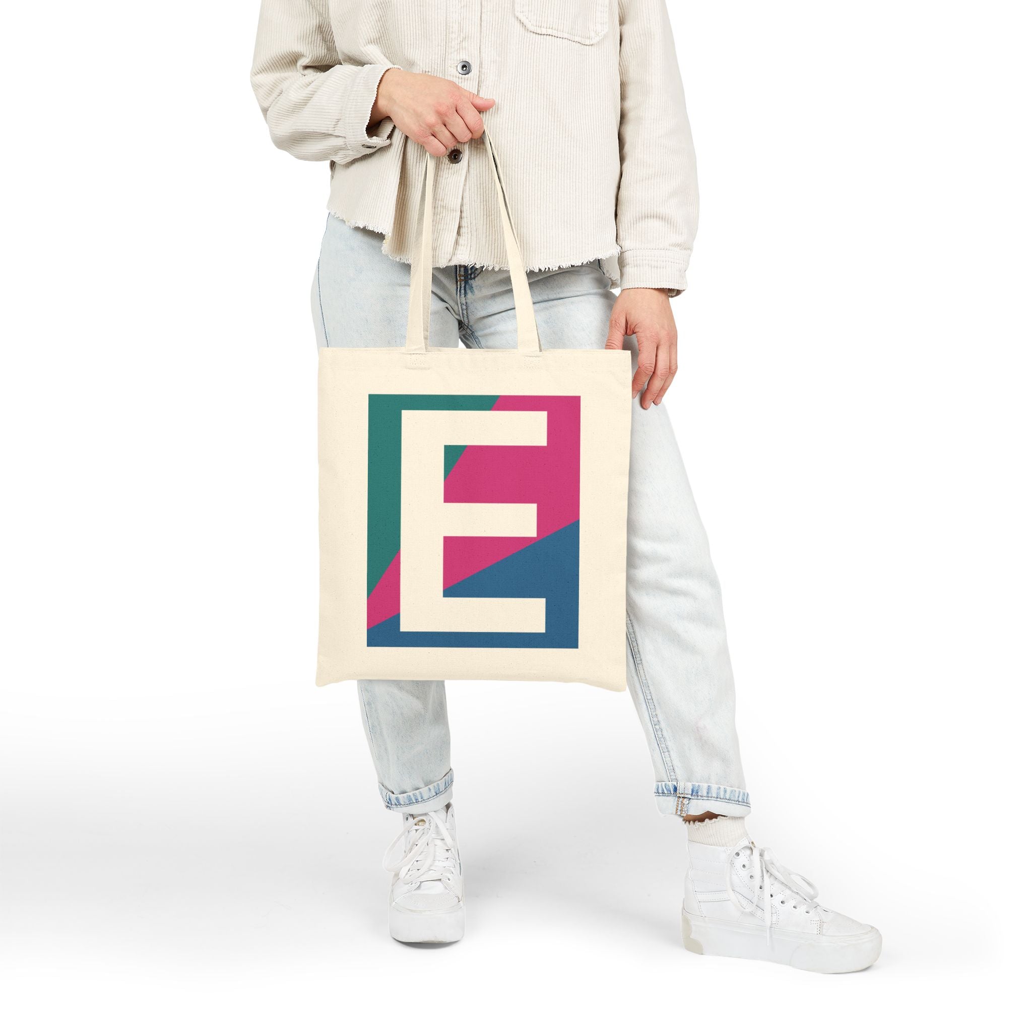 Initial E Colorblock Canvas Tote Bag — Monogram Letter E Reusable Grocery Tote