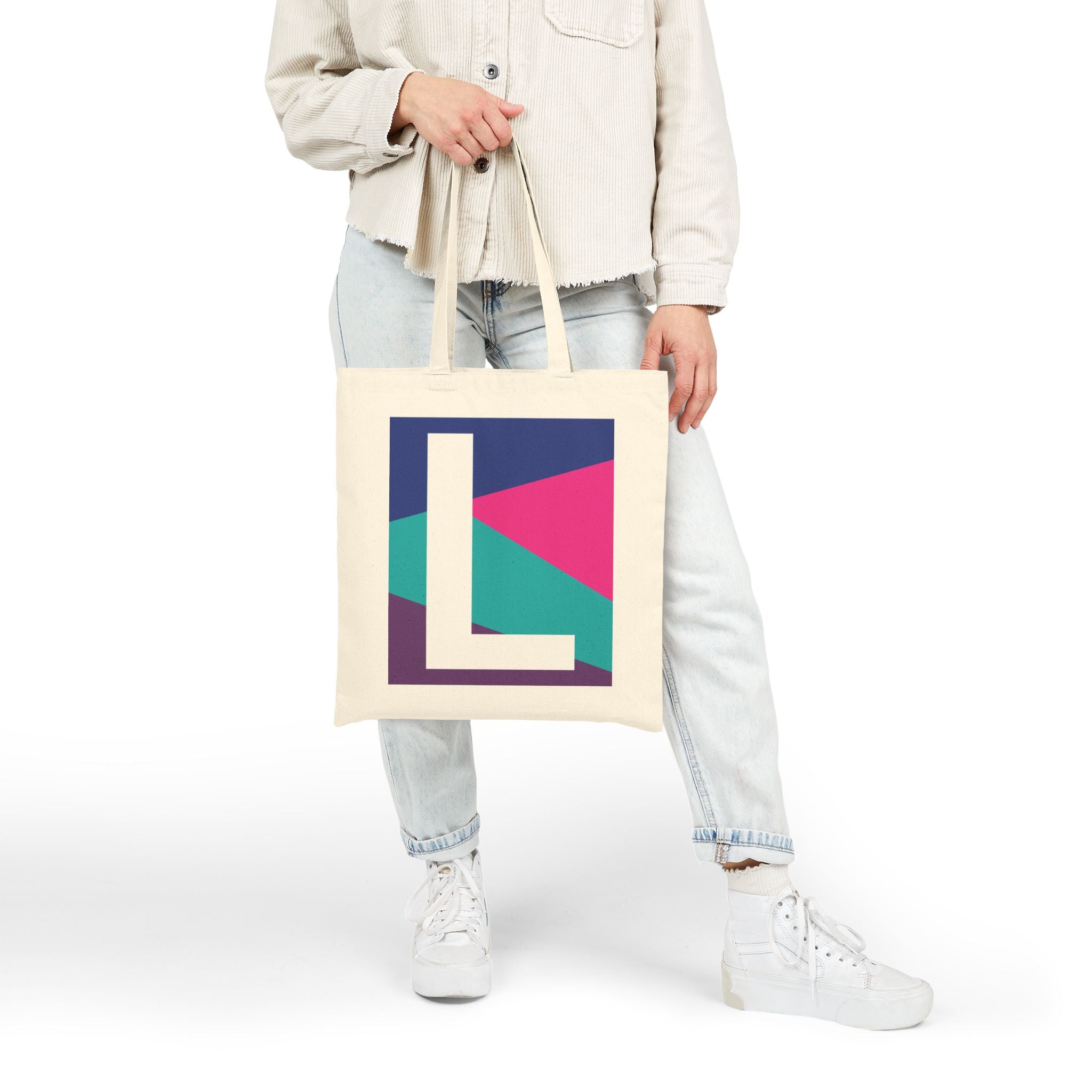 Initial L Colorblock Canvas Tote Bag — Monogram Letter L Reusable Grocery Tote