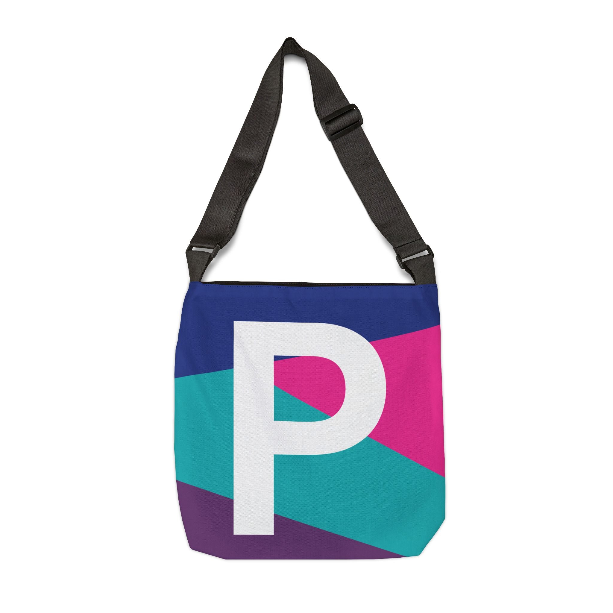 Initial Letter 'P' Colorblock Adjustable Tote Bag — Monogram Alphabet Shoulder Bag