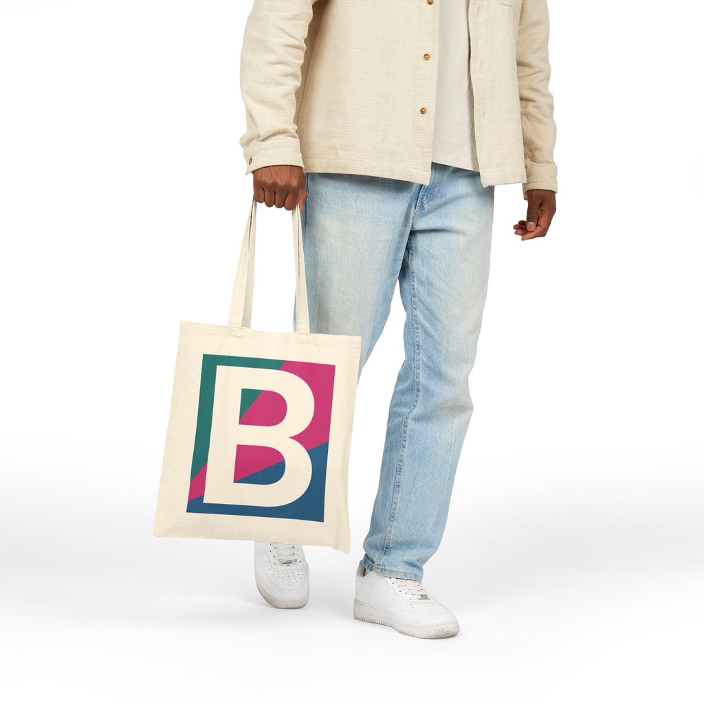 Initial B Colorblock Canvas Tote Bag — Monogram Letter B Reusable Grocery Tote