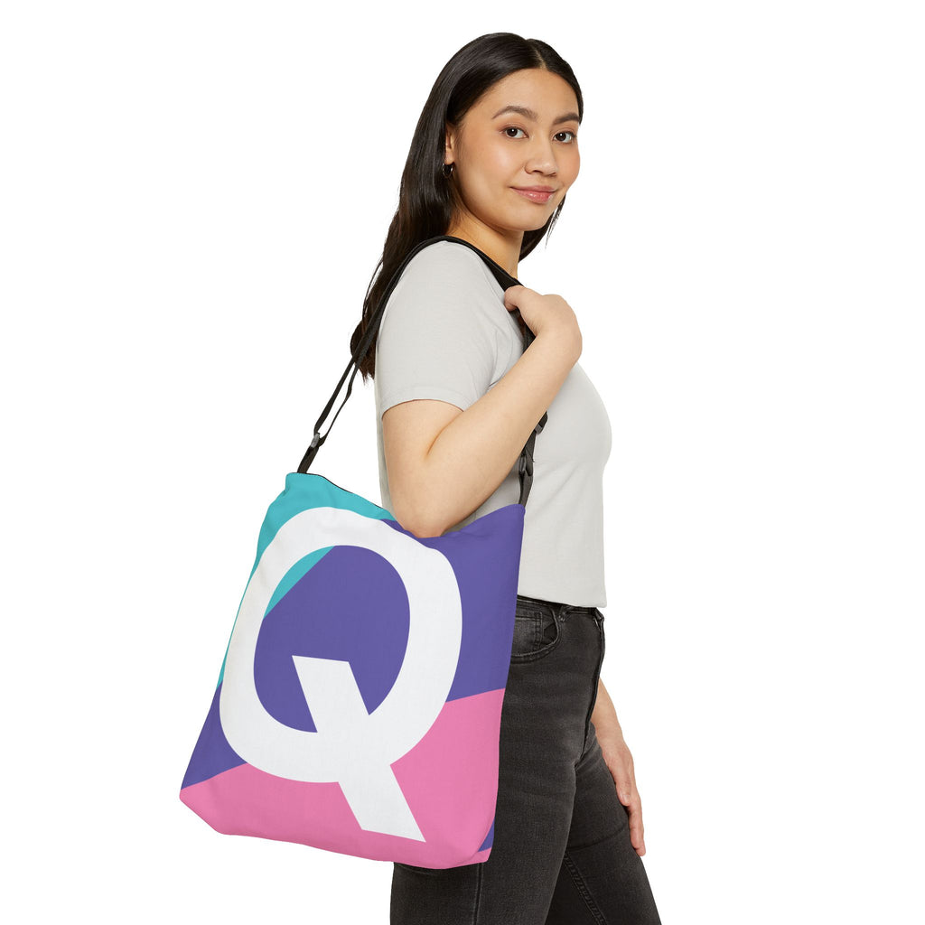 Initial Letter 'Q' Colorblock Adjustable Tote Bag — Monogram Alphabet Shoulder Bag