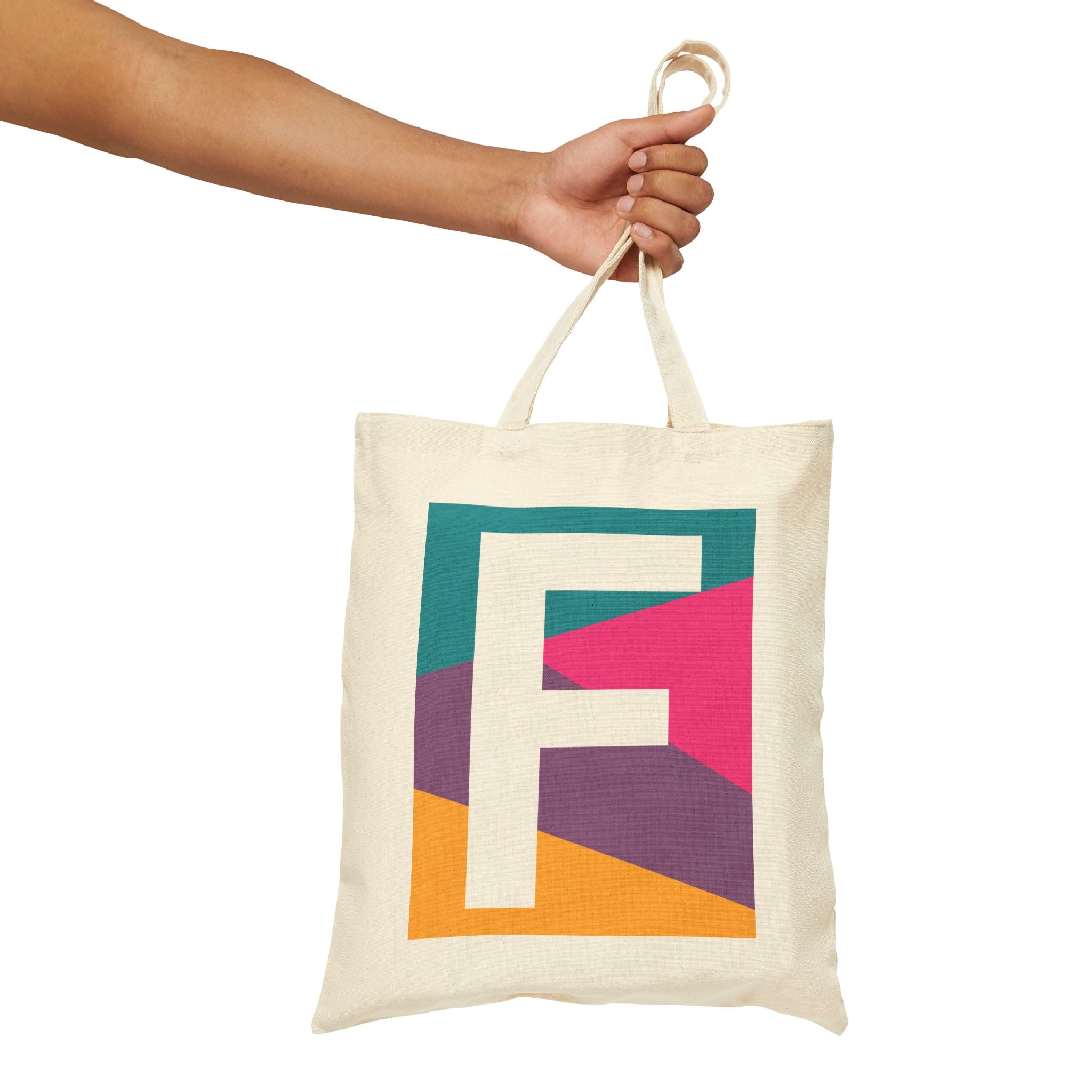 Initial F Colorblock Canvas Tote Bag — Monogram Letter F Reusable Grocery Tote