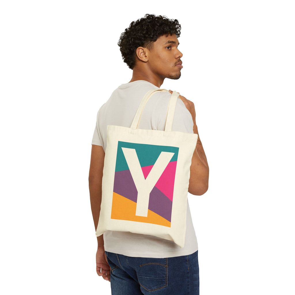 Initial Y Colorblock Canvas Tote Bag — Monogram Letter Y Reusable Grocery Tote