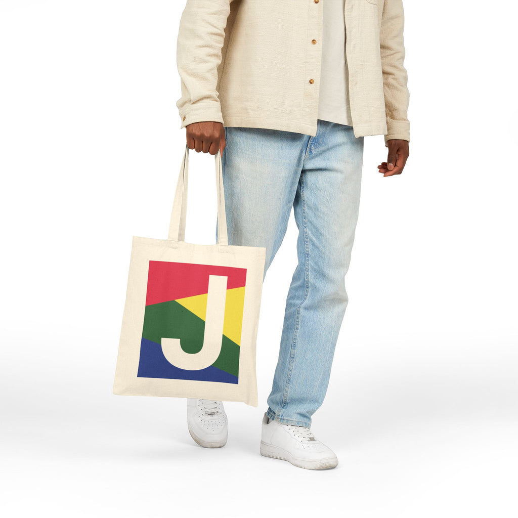 Initial J Colorblock Canvas Tote Bag — Monogram Letter J Reusable Grocery Tote