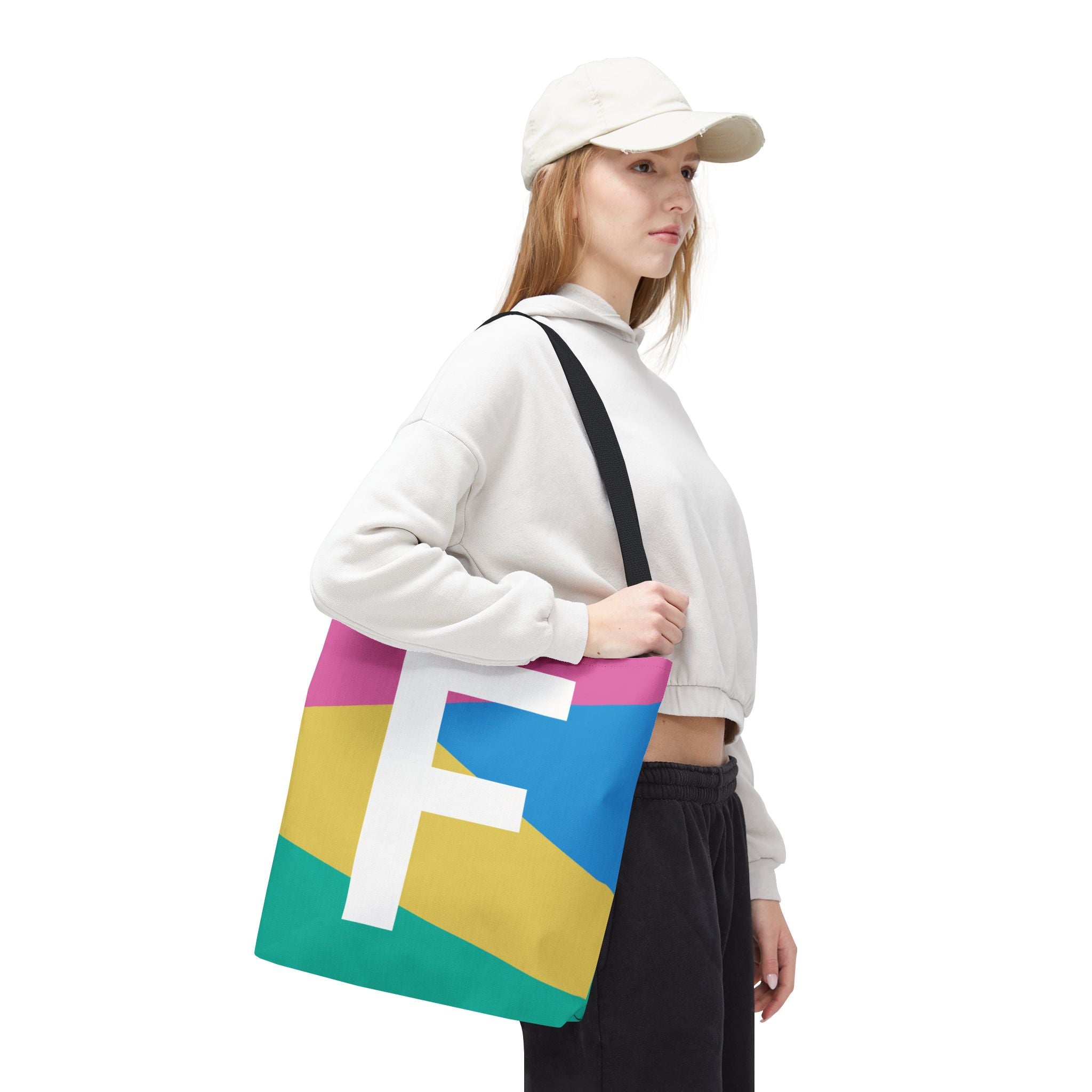 Monogram 'F' Colorblock Tote Bag — Personalized Initial F Shoulder Tote