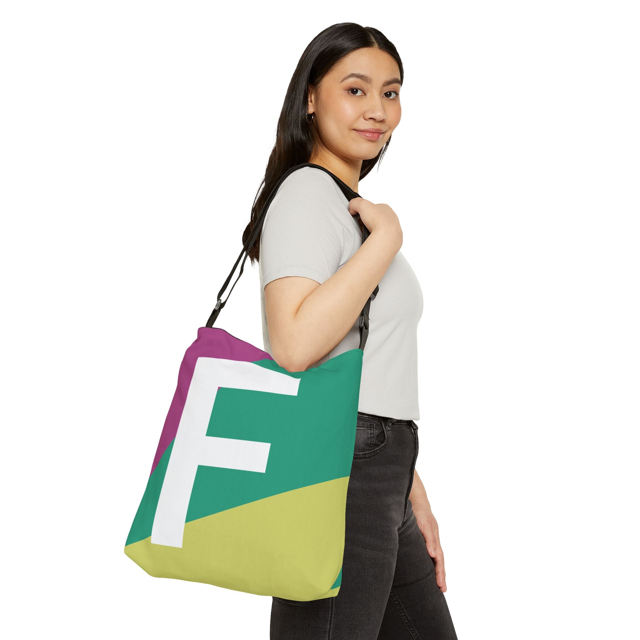 Initial Letter 'F' Colorblock Adjustable Tote Bag — Monogram Alphabet Shoulder Bag