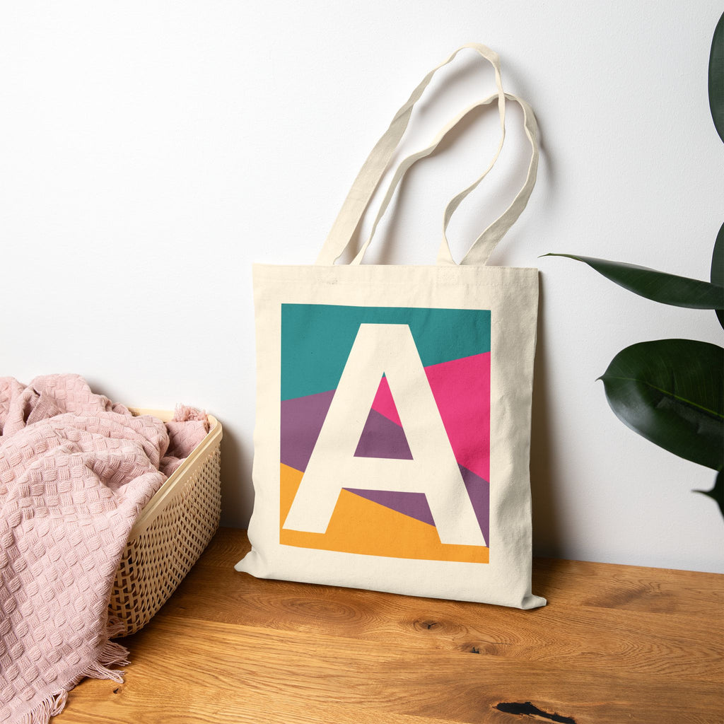 Initial A Colorblock Canvas Tote Bag — Monogram Letter A Reusable Grocery Tote
