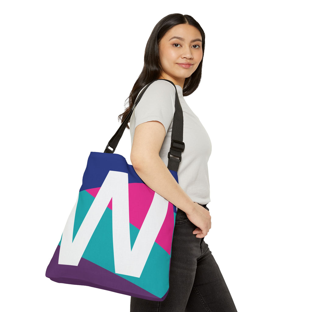 Initial Letter 'W' Colorblock Adjustable Tote Bag — Monogram Alphabet Shoulder Bag