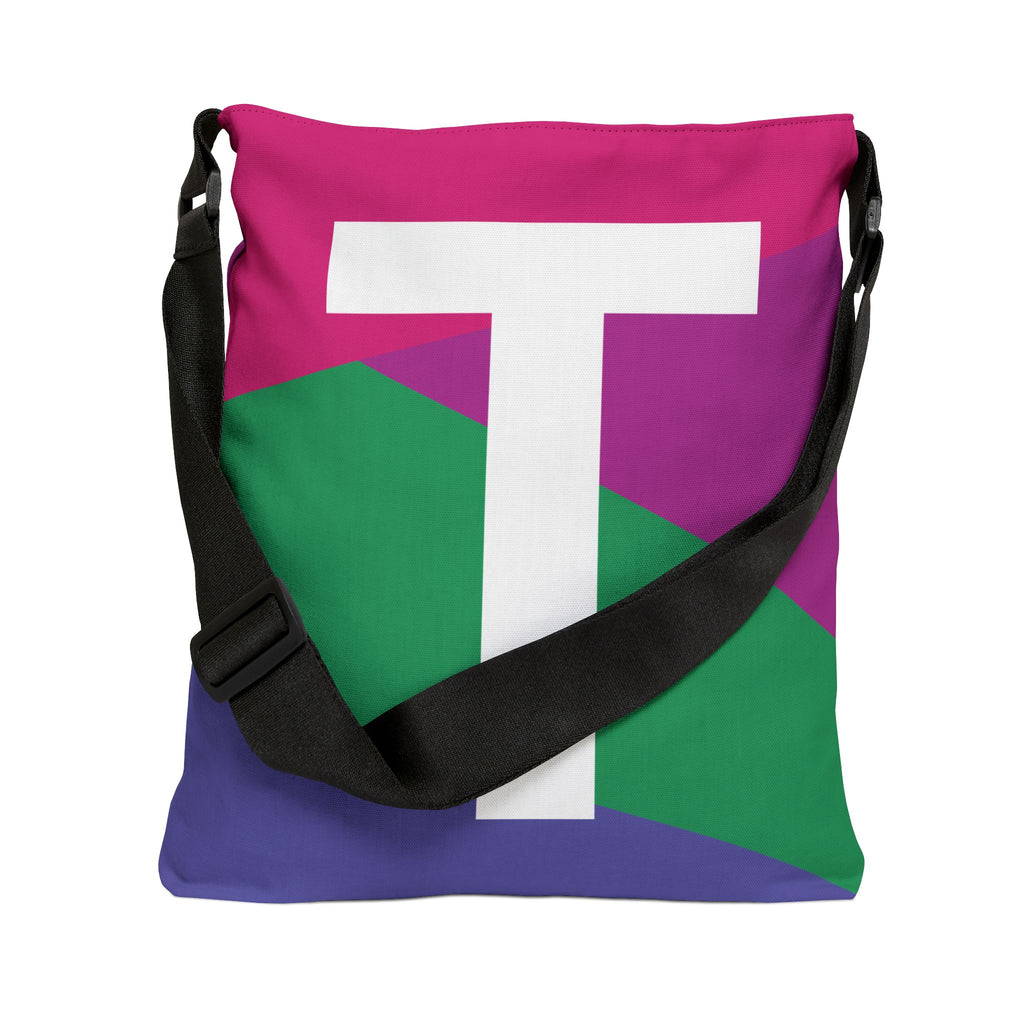 Initial Letter 'T' Colorblock Adjustable Tote Bag — Monogram Alphabet Shoulder Bag