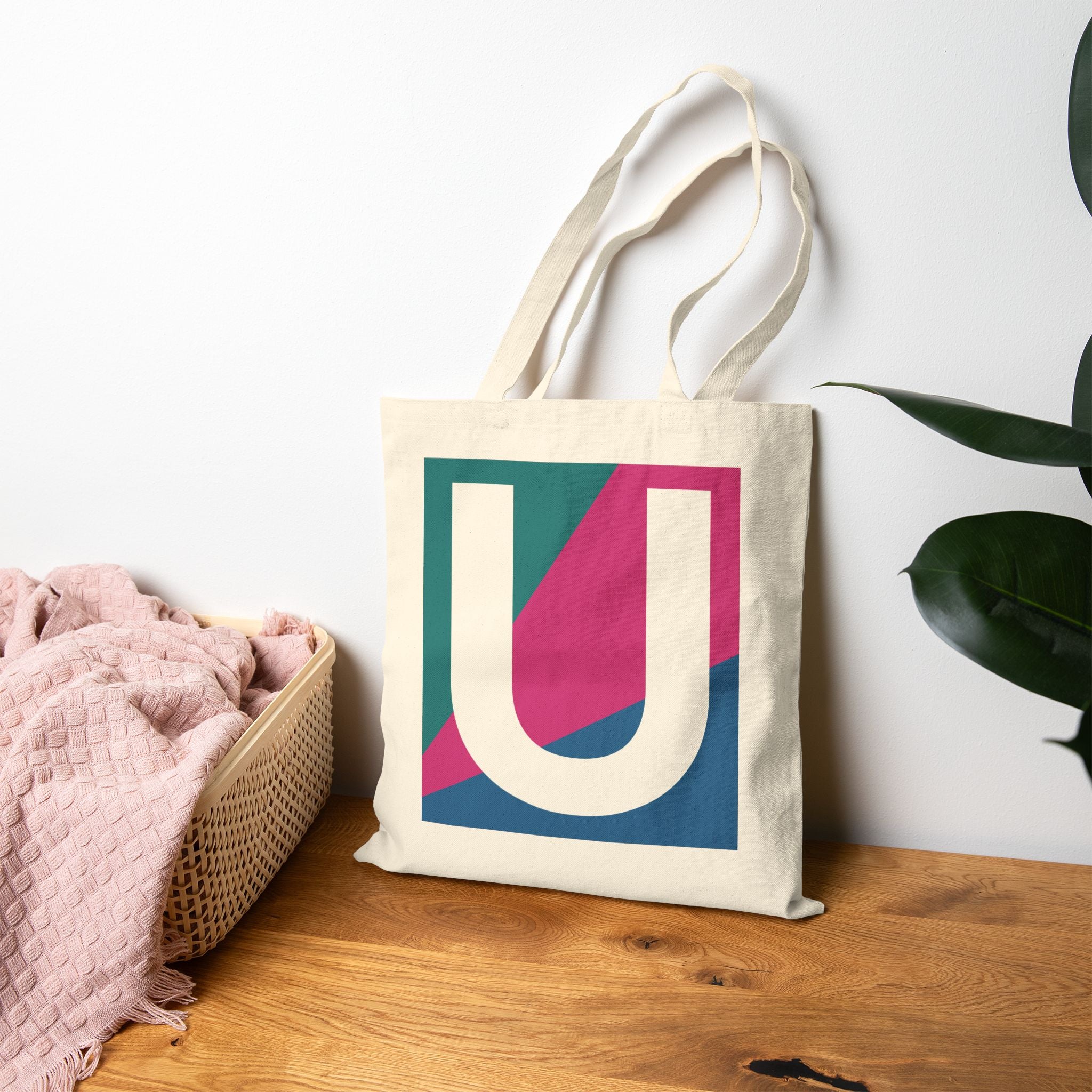 Initial U Colorblock Canvas Tote Bag — Monogram Letter U Reusable Grocery Tote