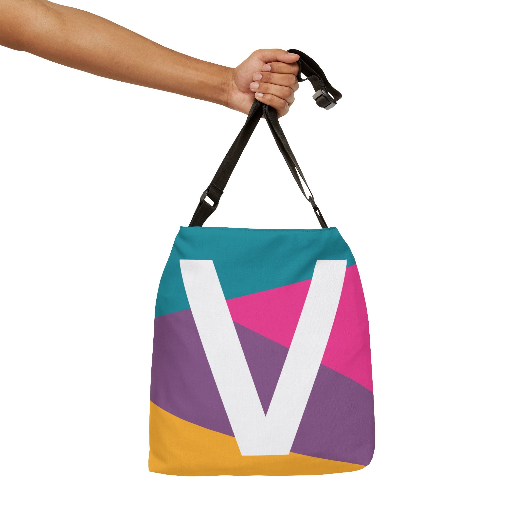 Initial Letter 'V' Colorblock Adjustable Tote Bag — Monogram Alphabet Shoulder Bag