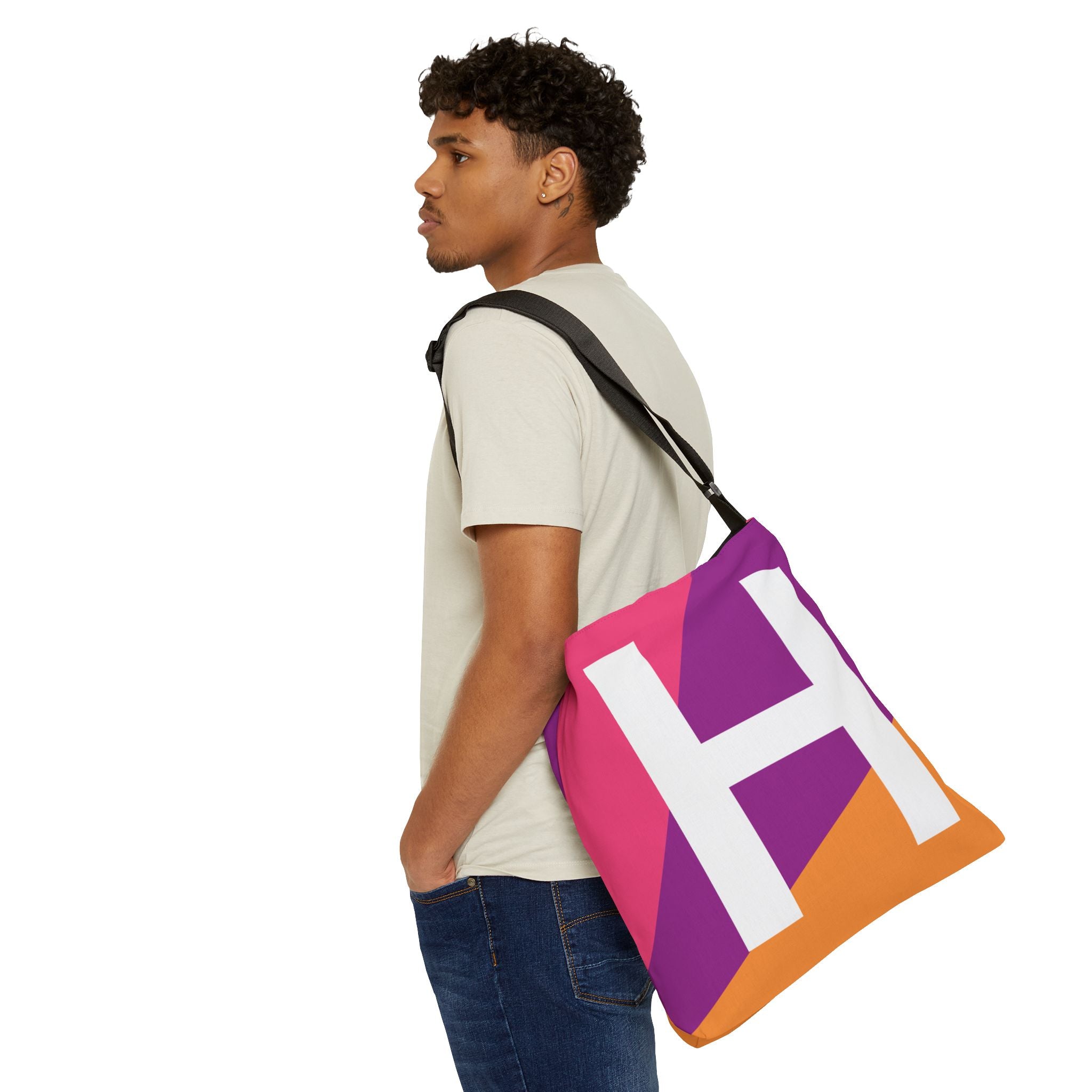 Initial Letter 'H' Colorblock Adjustable Tote Bag — Monogram Alphabet Shoulder Bag