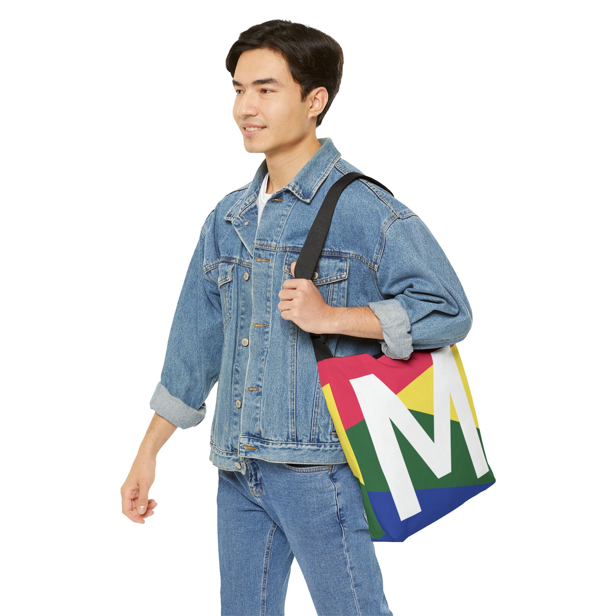 Initial Letter 'M' Colorblock Adjustable Tote Bag — Monogram Alphabet Shoulder Bag