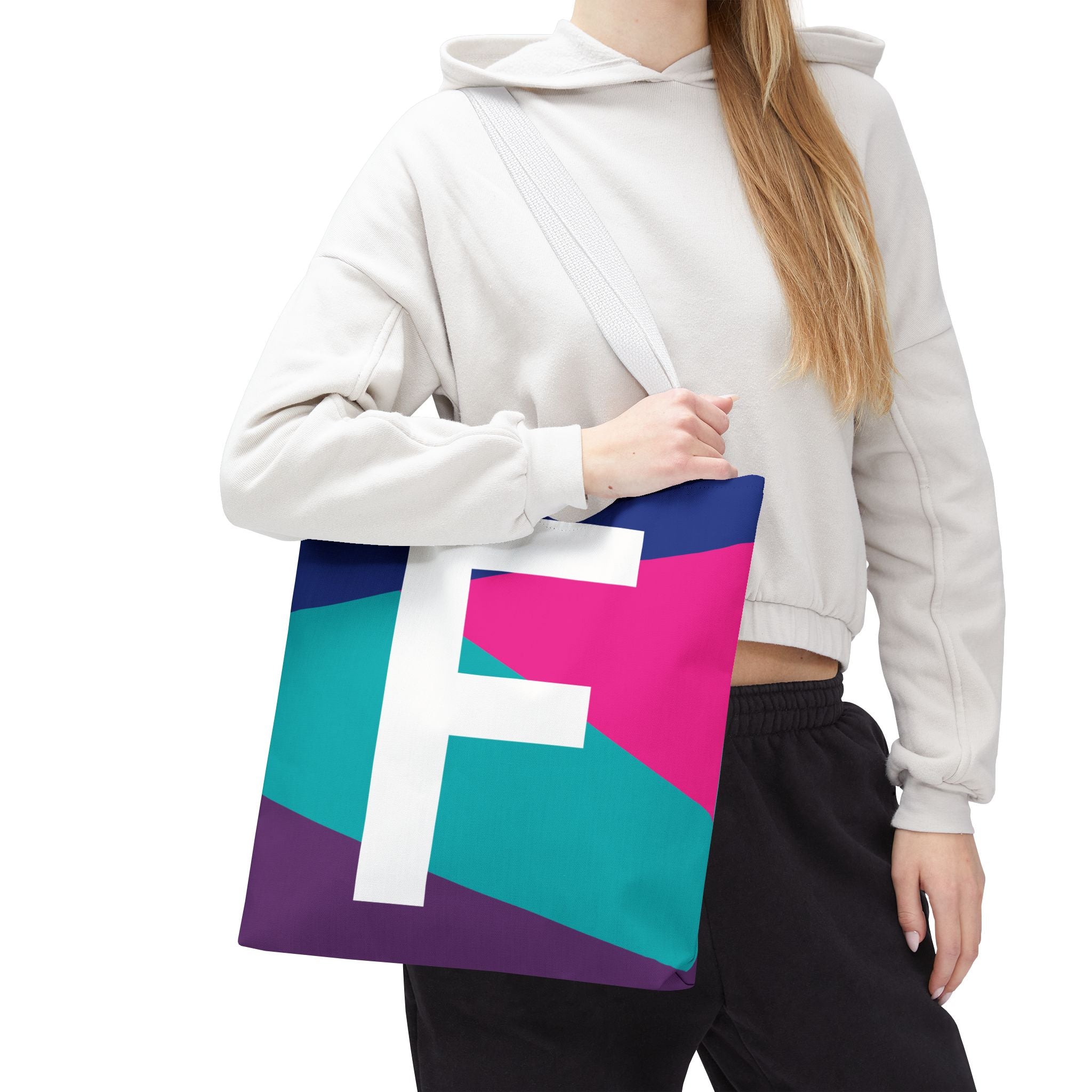 Monogram 'F' Colorblock Tote Bag — Personalized Initial F Shoulder Tote