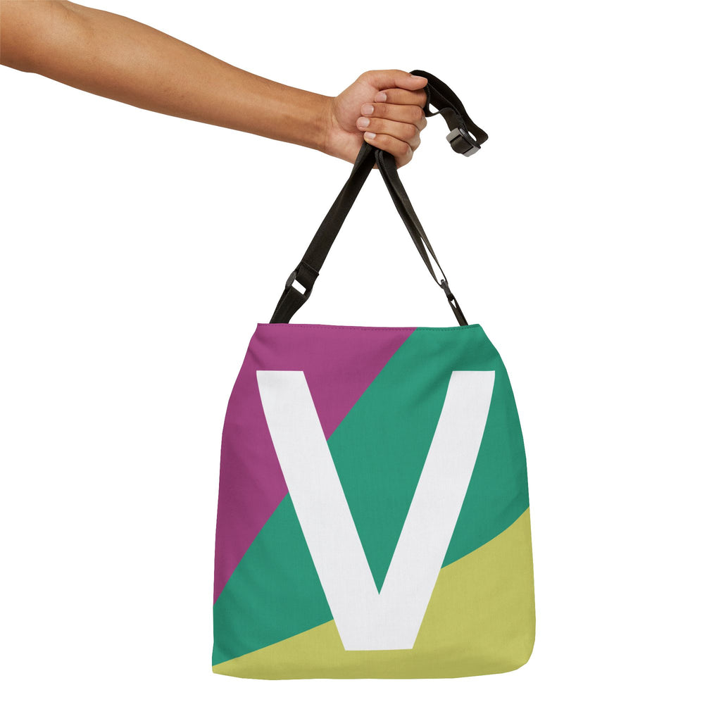 Initial Letter 'V' Colorblock Adjustable Tote Bag — Monogram Alphabet Shoulder Bag