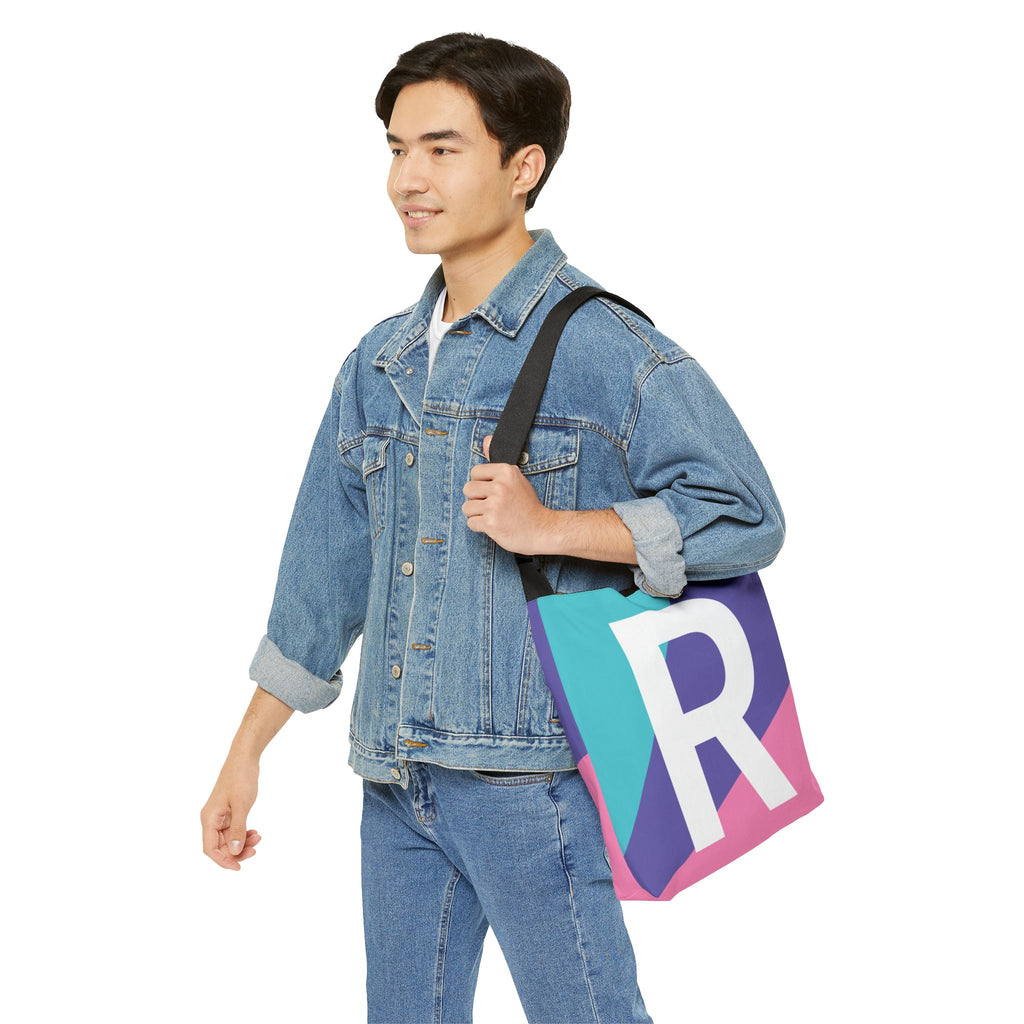 Initial Letter 'R' Colorblock Adjustable Tote Bag — Monogram Alphabet Shoulder Bag