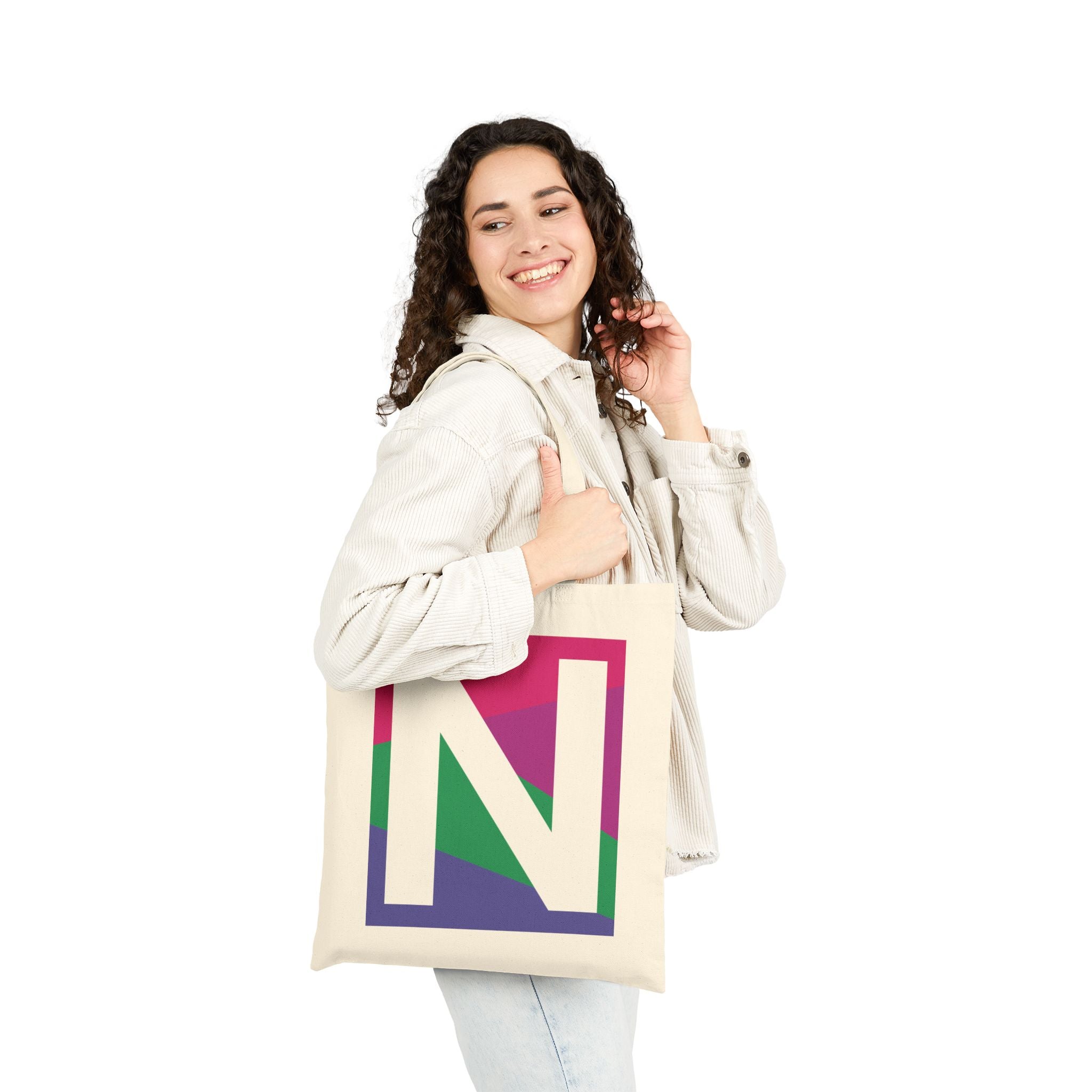 Initial N Colorblock Canvas Tote Bag — Monogram Letter N Reusable Grocery Tote