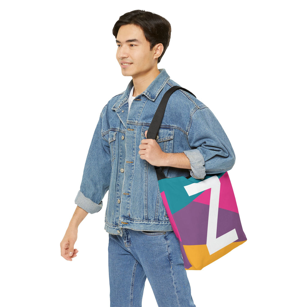 Initial Letter 'Z' Colorblock Adjustable Tote Bag — Monogram Alphabet Shoulder Bag