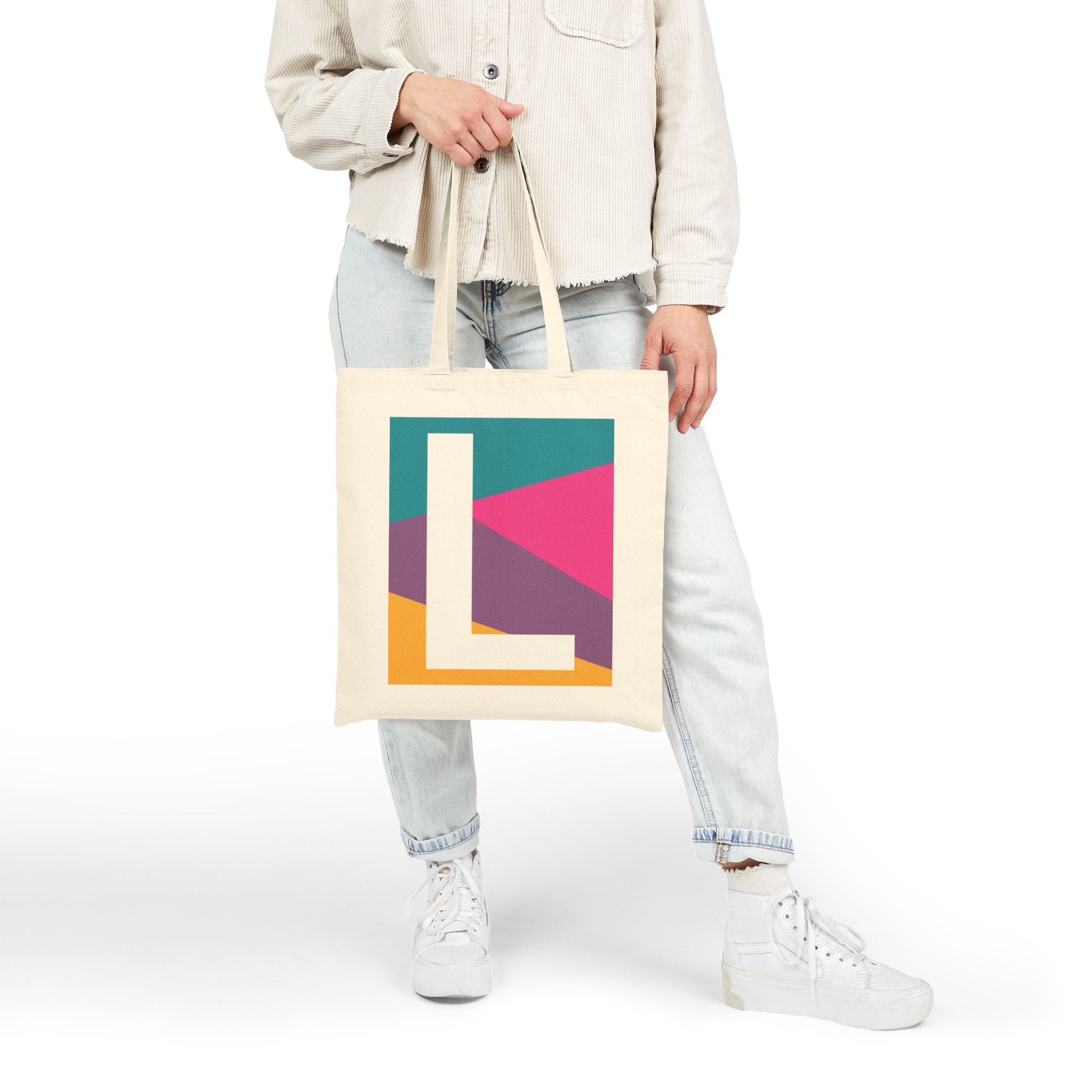 Initial L Colorblock Canvas Tote Bag — Monogram Letter L Reusable Grocery Tote