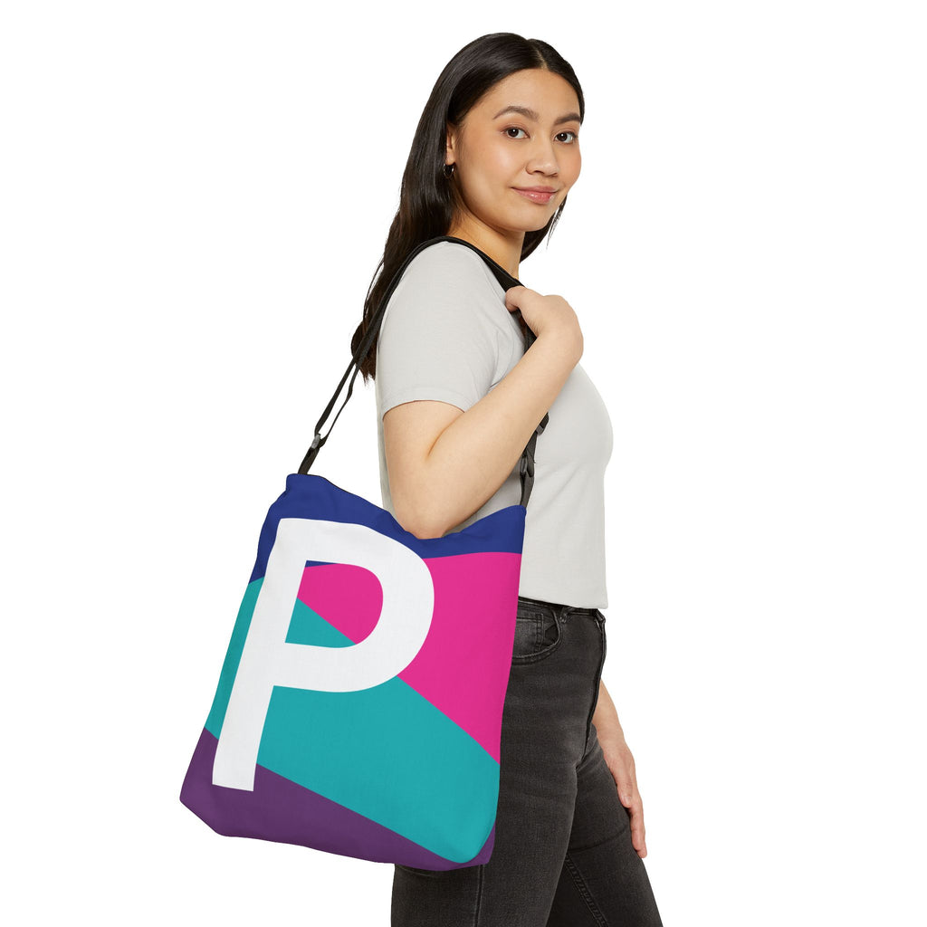 Initial Letter 'P' Colorblock Adjustable Tote Bag — Monogram Alphabet Shoulder Bag