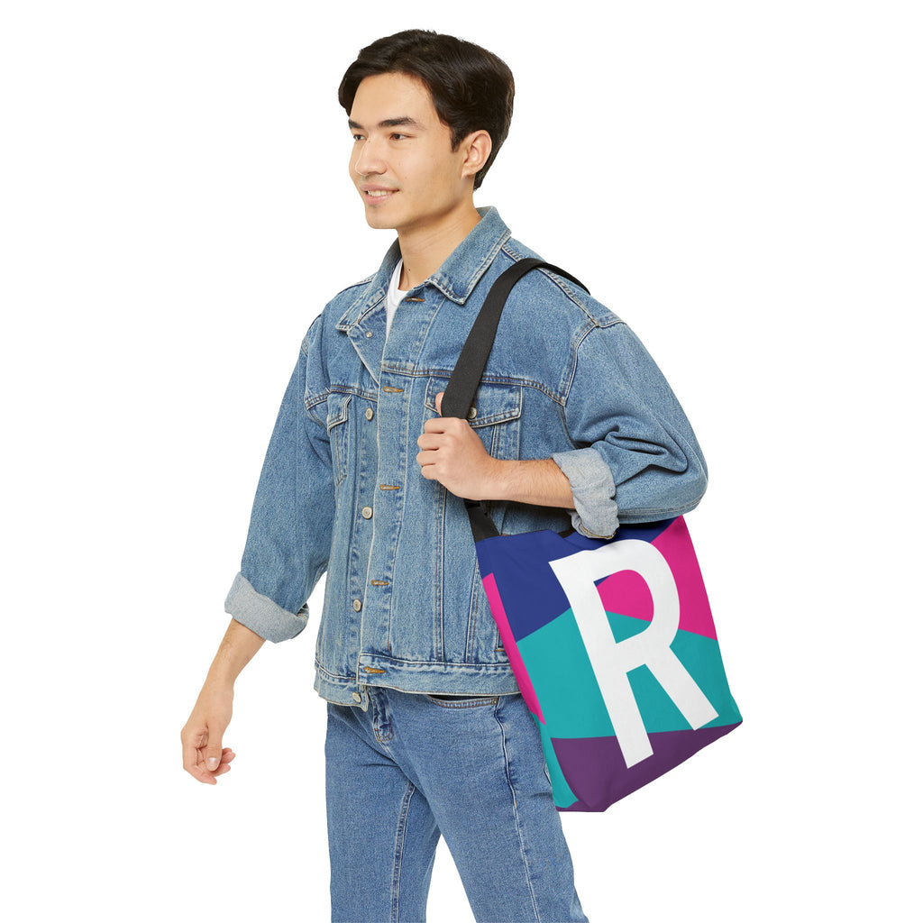 Initial Letter 'R' Colorblock Adjustable Tote Bag — Monogram Alphabet Shoulder Bag