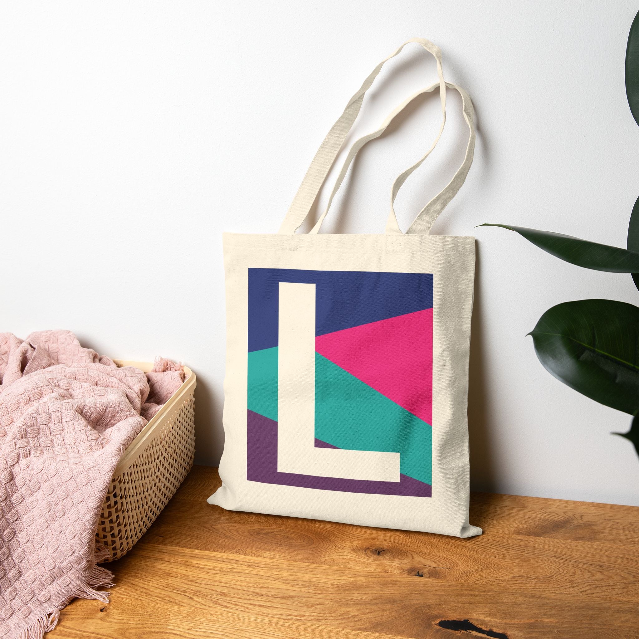Initial L Colorblock Canvas Tote Bag — Monogram Letter L Reusable Grocery Tote