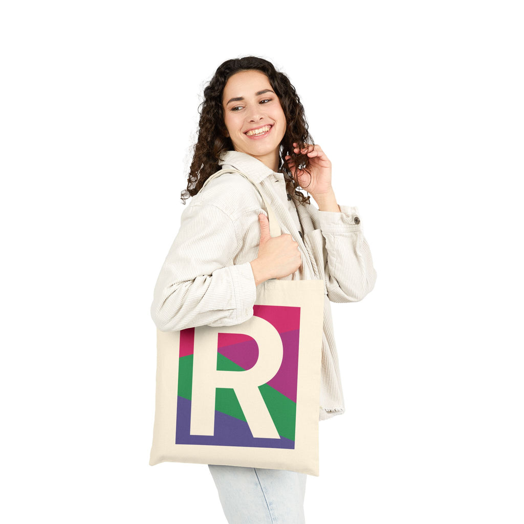 Initial R Colorblock Canvas Tote Bag — Monogram Letter R Reusable Grocery Tote