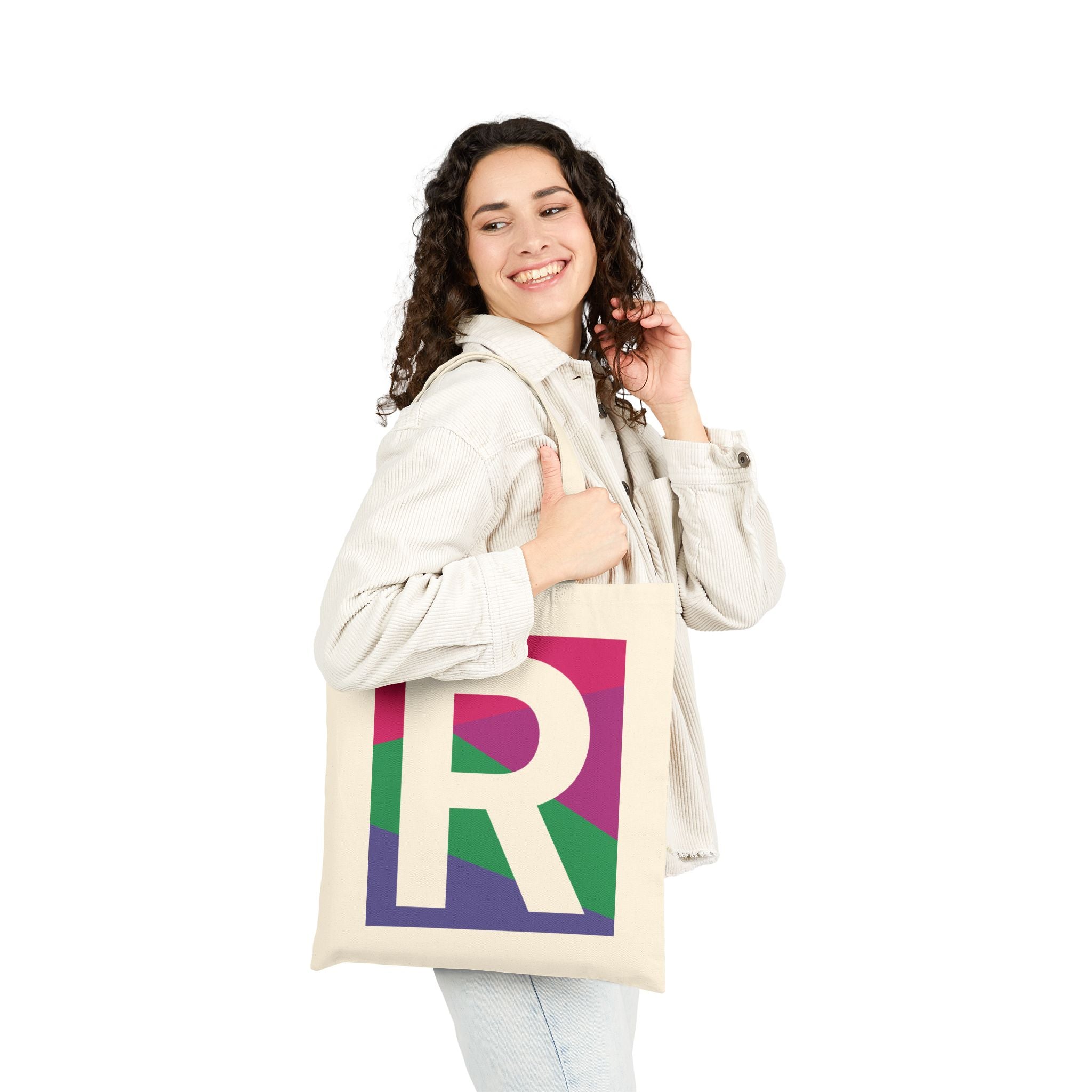 Initial R Colorblock Canvas Tote Bag — Monogram Letter R Reusable Grocery Tote