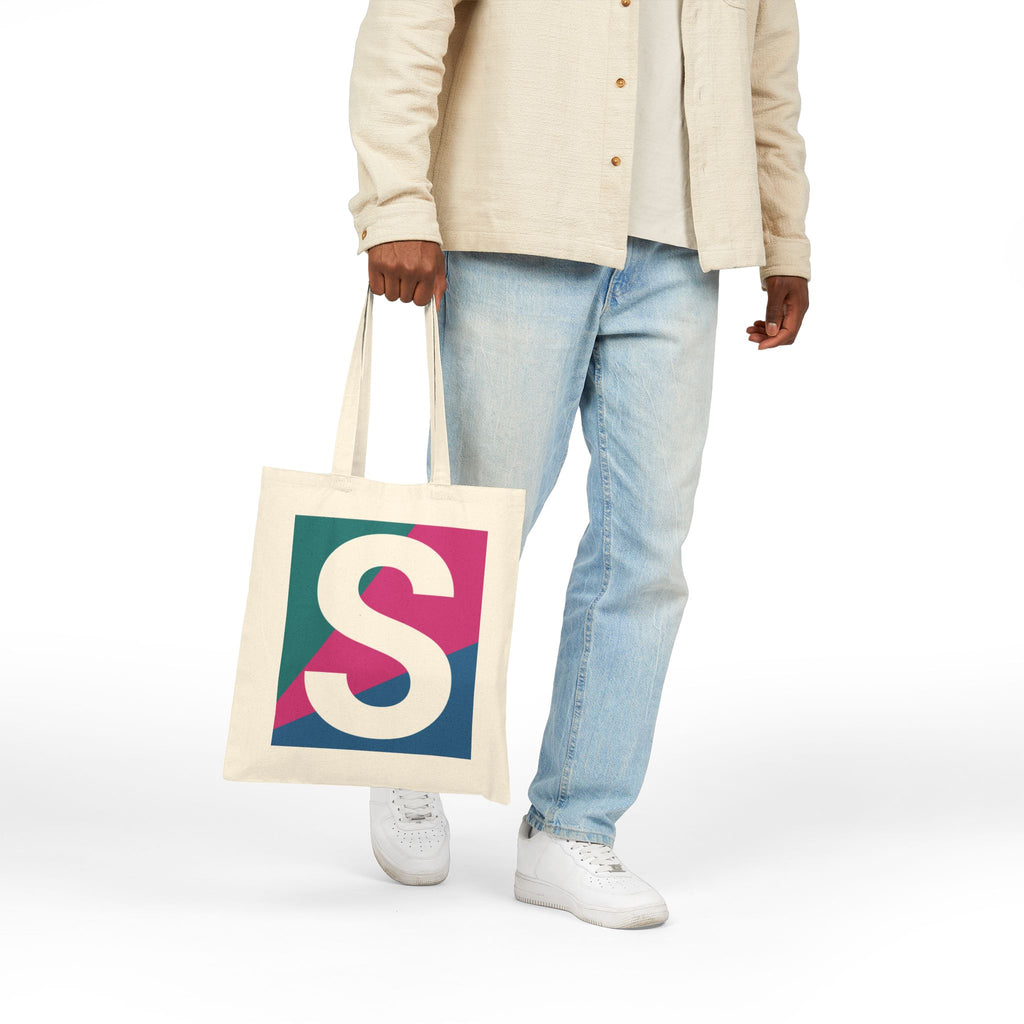 Initial S Colorblock Canvas Tote Bag — Monogram Letter S Reusable Grocery Tote