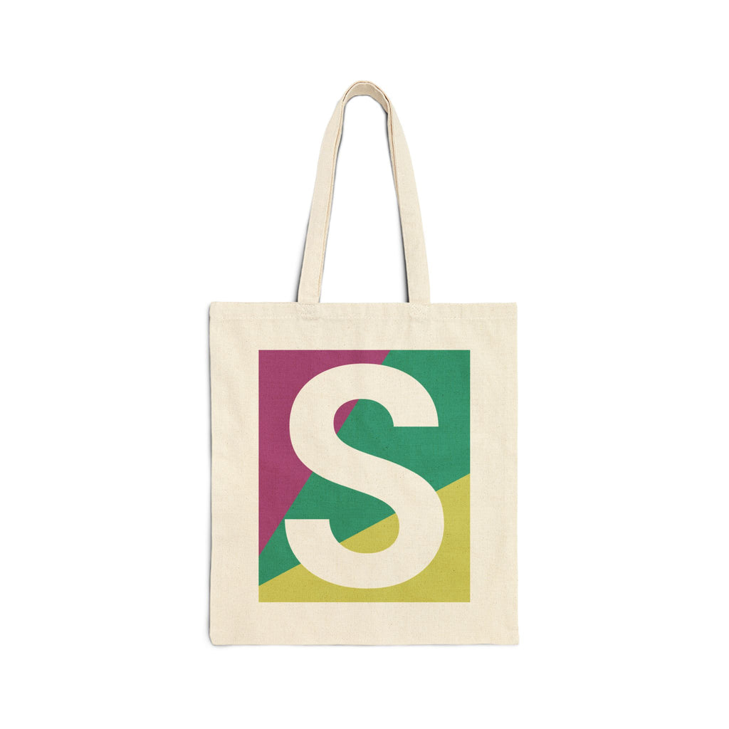 Initial S Colorblock Canvas Tote Bag — Monogram Letter S Reusable Grocery Tote