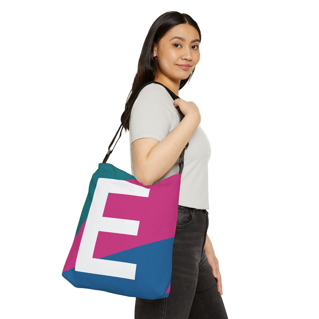 Initial Letter 'E' Colorblock Adjustable Tote Bag — Monogram Alphabet Shoulder Bag