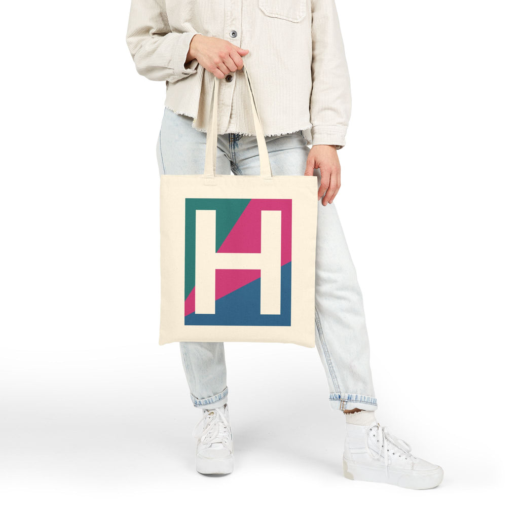 Initial H Colorblock Canvas Tote Bag — Monogram Letter H Reusable Grocery Tote