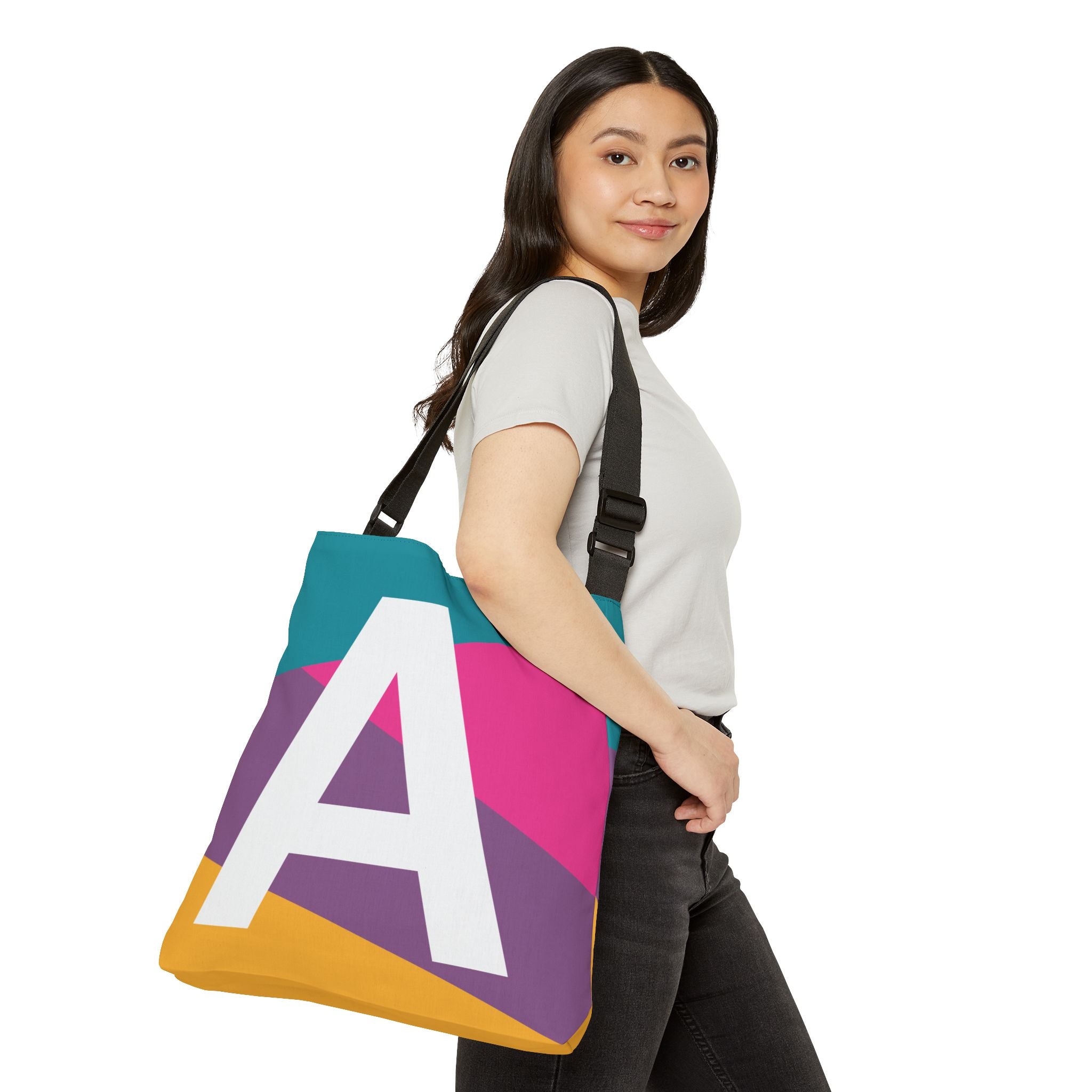 Initial Letter 'A' Colorblock Adjustable Tote Bag — Monogram Alphabet Shoulder Bag
