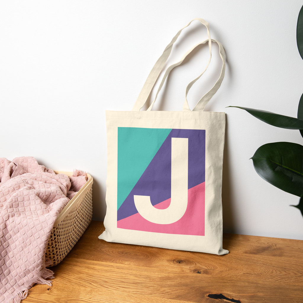 Initial J Colorblock Canvas Tote Bag — Monogram Letter J Reusable Grocery Tote