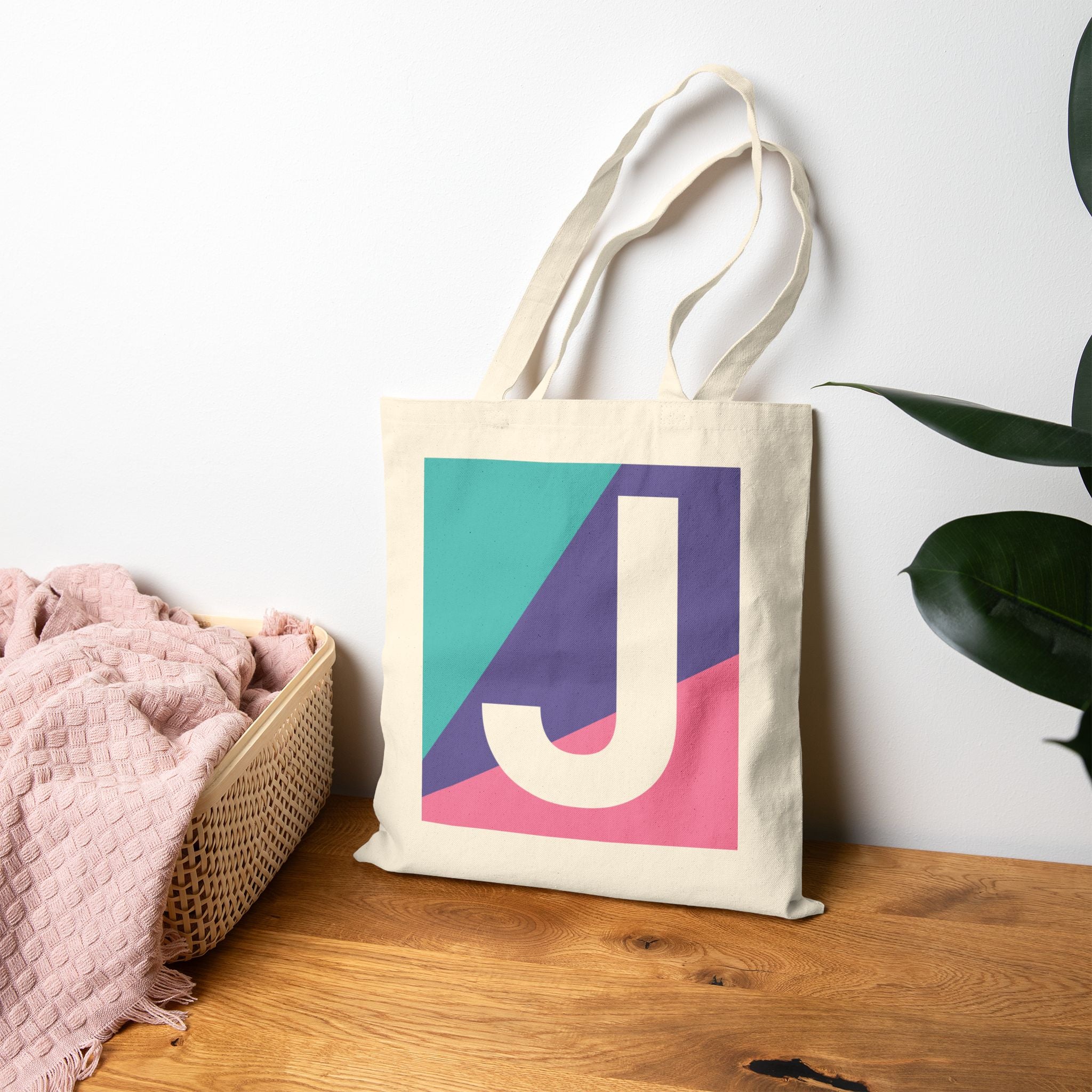 Initial J Colorblock Canvas Tote Bag — Monogram Letter J Reusable Grocery Tote