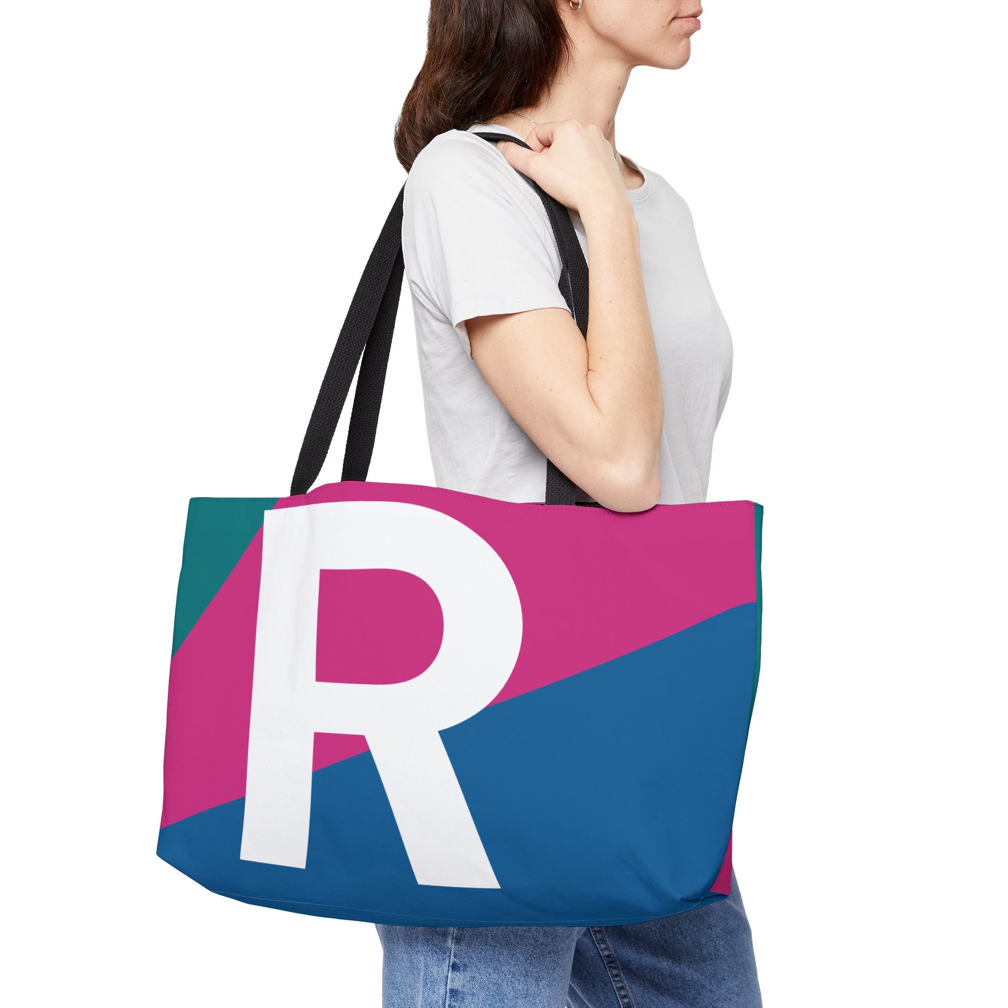 Personalized 'R' Colorblock Tote Bag — Monogram Weekender Tote