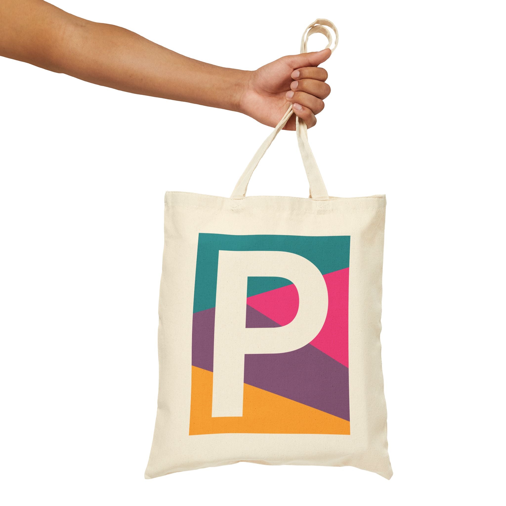 Initial P Colorblock Canvas Tote Bag — Monogram Letter P Reusable Grocery Tote