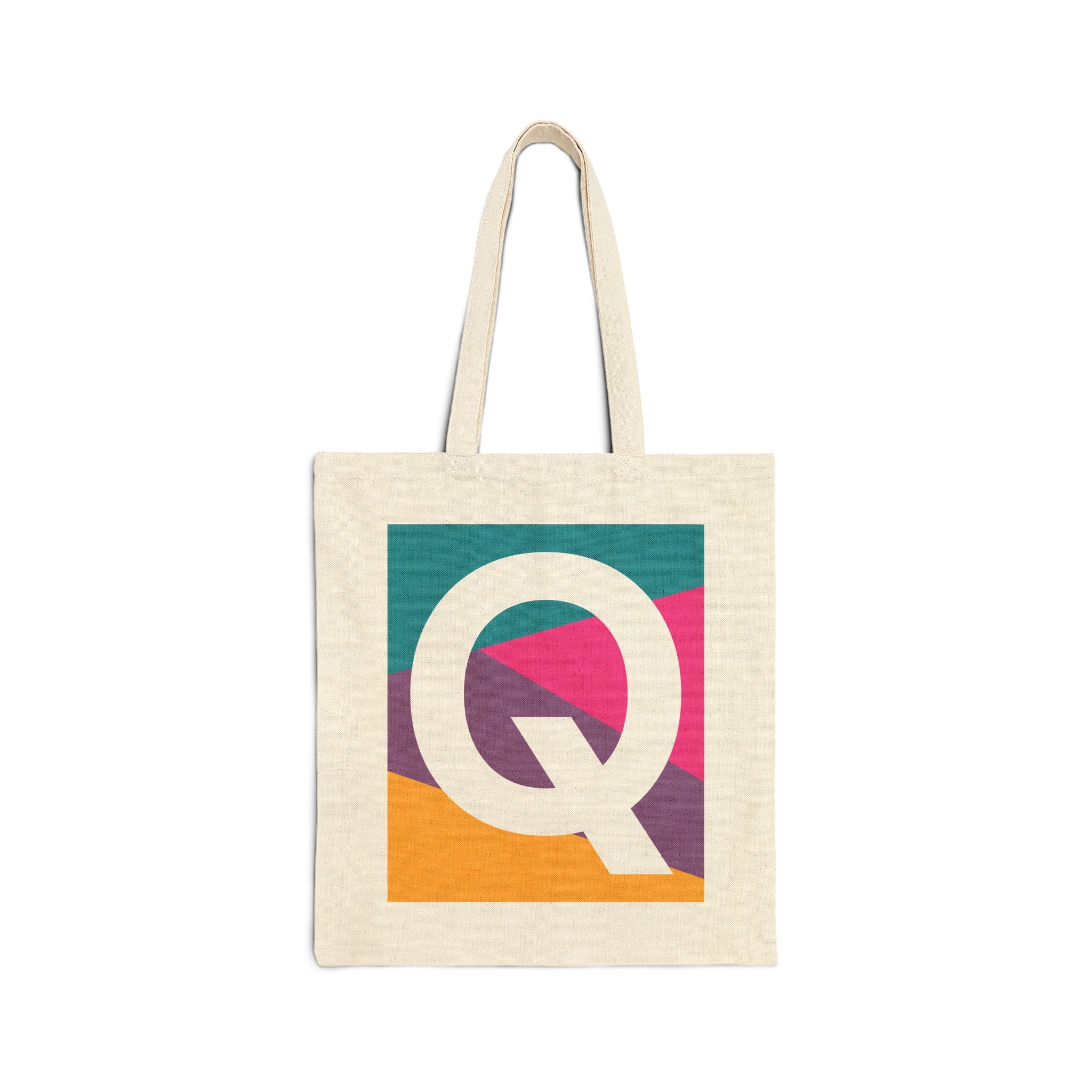 Initial Q Colorblock Canvas Tote Bag — Monogram Letter Q Reusable Grocery Tote