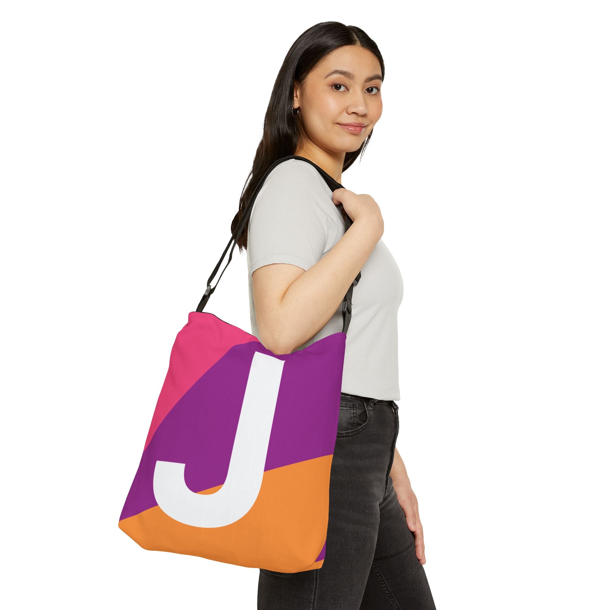 Initial Letter 'J' Colorblock Adjustable Tote Bag — Monogram Alphabet Shoulder Bag