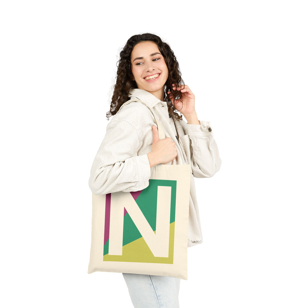 Initial N Colorblock Canvas Tote Bag — Monogram Letter N Reusable Grocery Tote