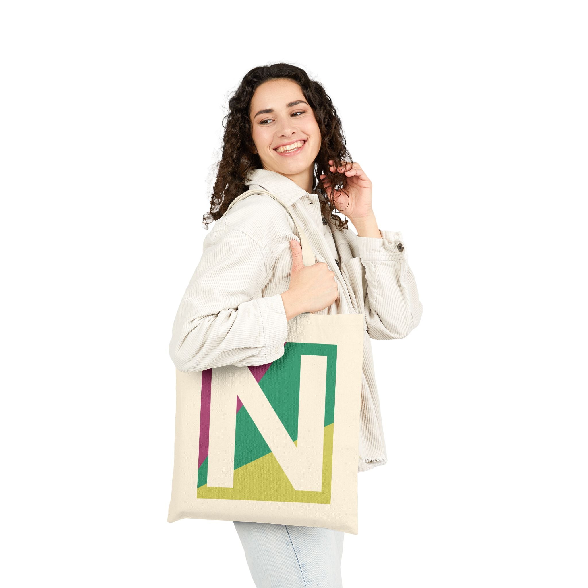 Initial N Colorblock Canvas Tote Bag — Monogram Letter N Reusable Grocery Tote