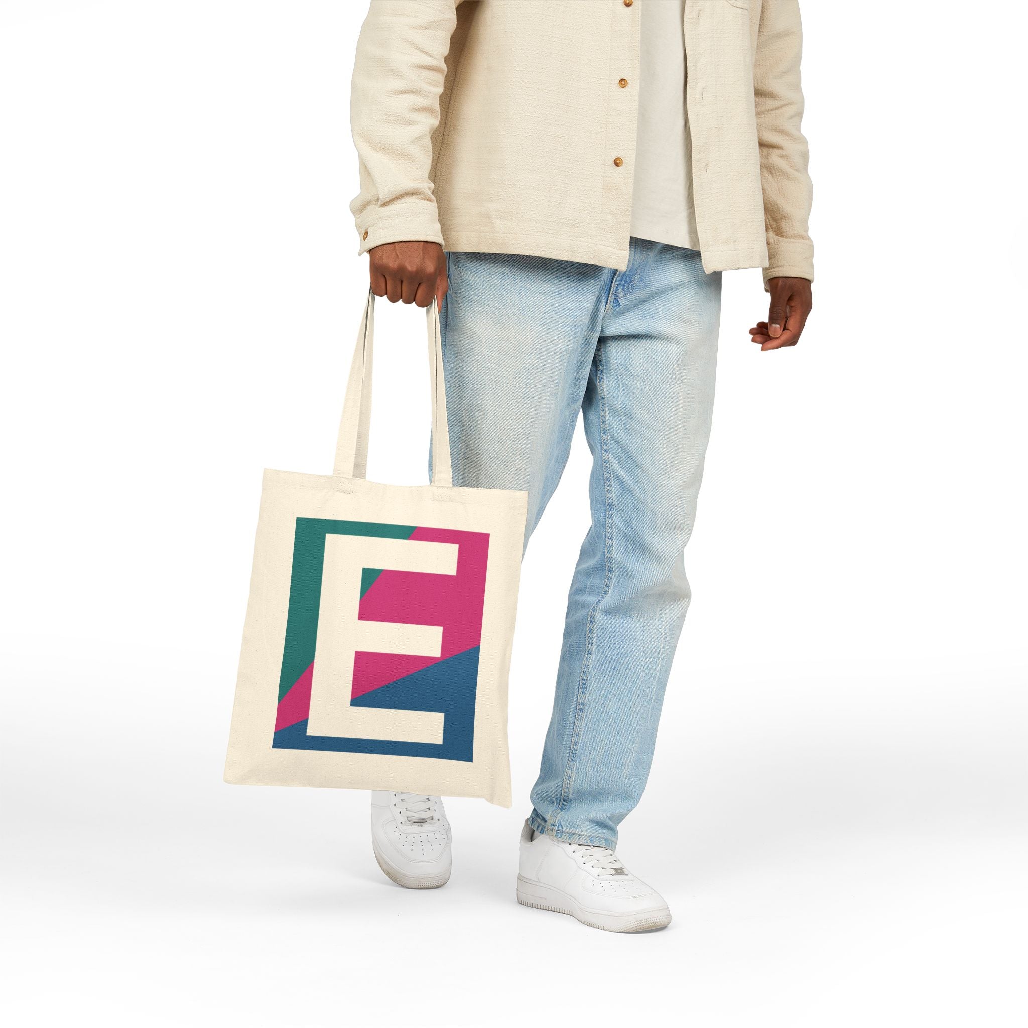 Initial E Colorblock Canvas Tote Bag — Monogram Letter E Reusable Grocery Tote