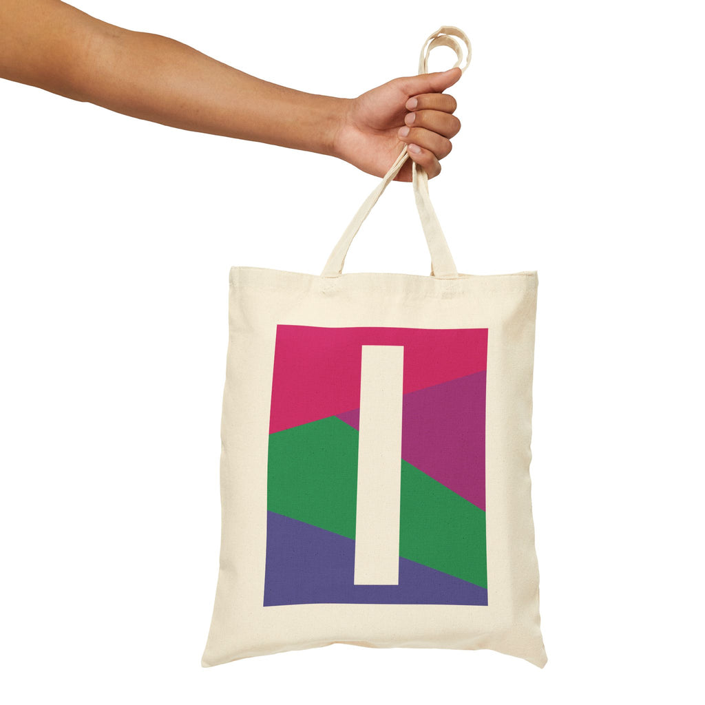 Initial I Colorblock Canvas Tote Bag — Monogram Letter I Reusable Grocery Tote