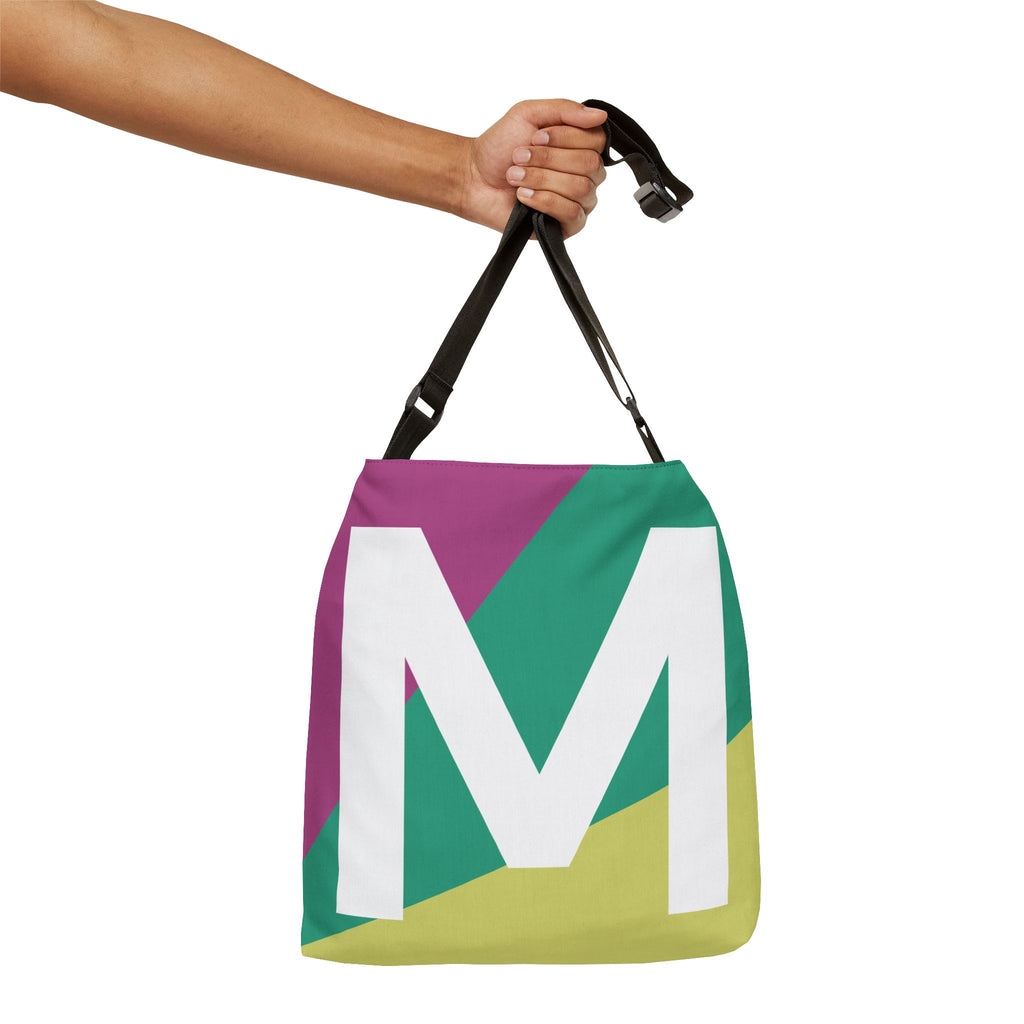 Initial Letter 'M' Colorblock Adjustable Tote Bag — Monogram Alphabet Shoulder Bag