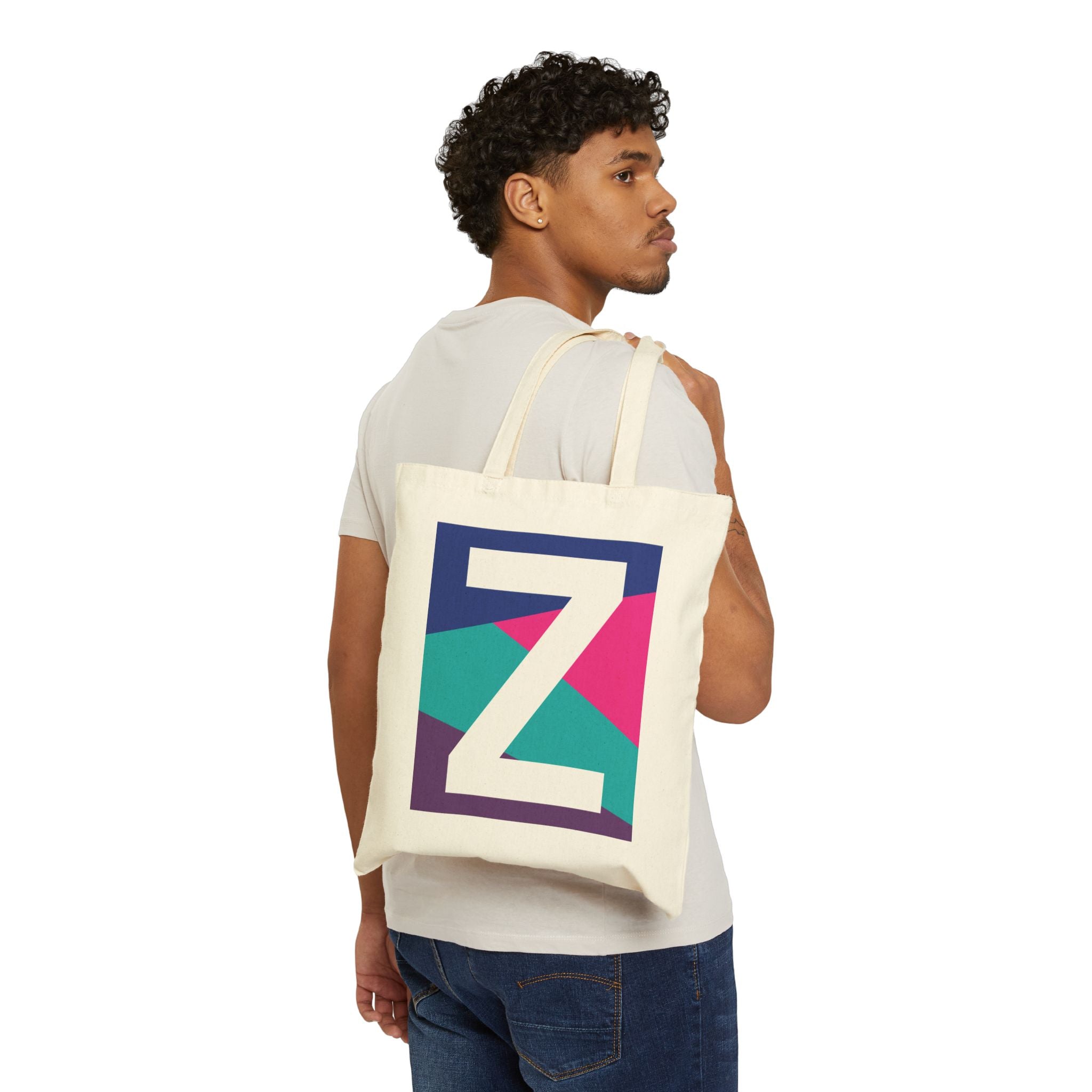 Initial Z Colorblock Canvas Tote Bag — Monogram Letter Z Reusable Grocery Tote