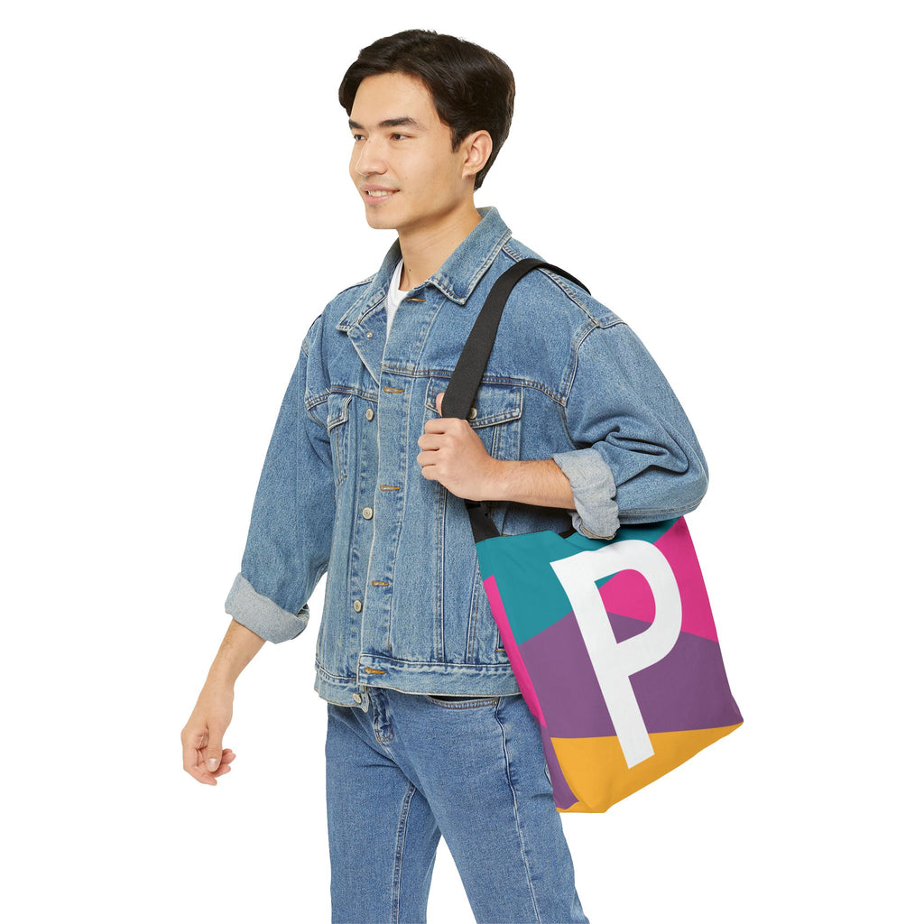 Initial Letter 'P' Colorblock Adjustable Tote Bag — Monogram Alphabet Shoulder Bag