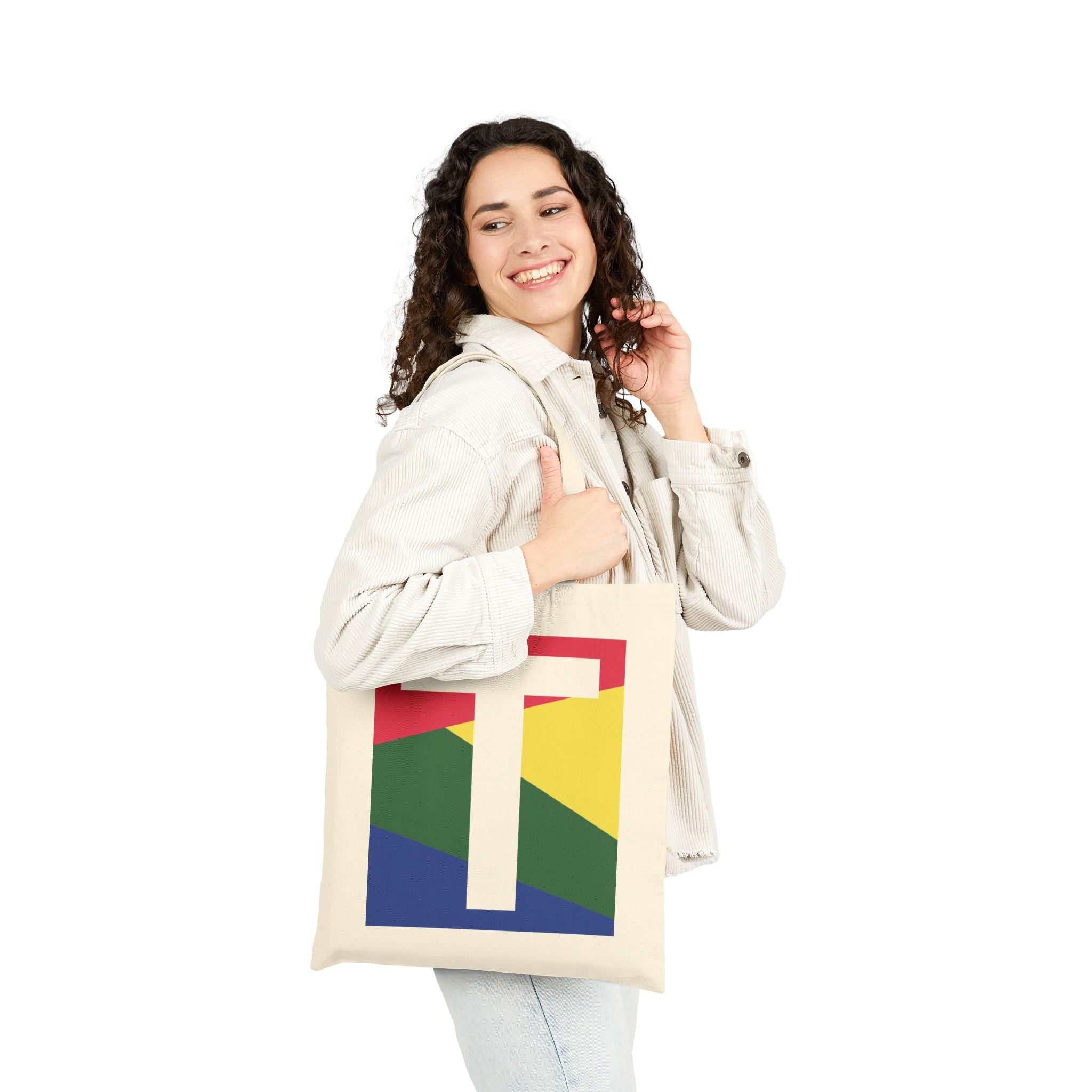 Initial T Colorblock Canvas Tote Bag — Monogram Letter T Reusable Grocery Tote
